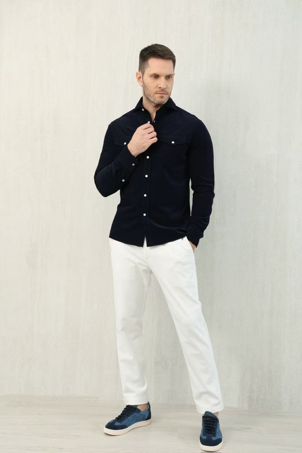 Brunello Cucinelli Men's Spring And Fall Cotton Lapel Solid Color Single-Breasted Chest Pocket Long Sleeve Fitted Shirt Ngvp #1557