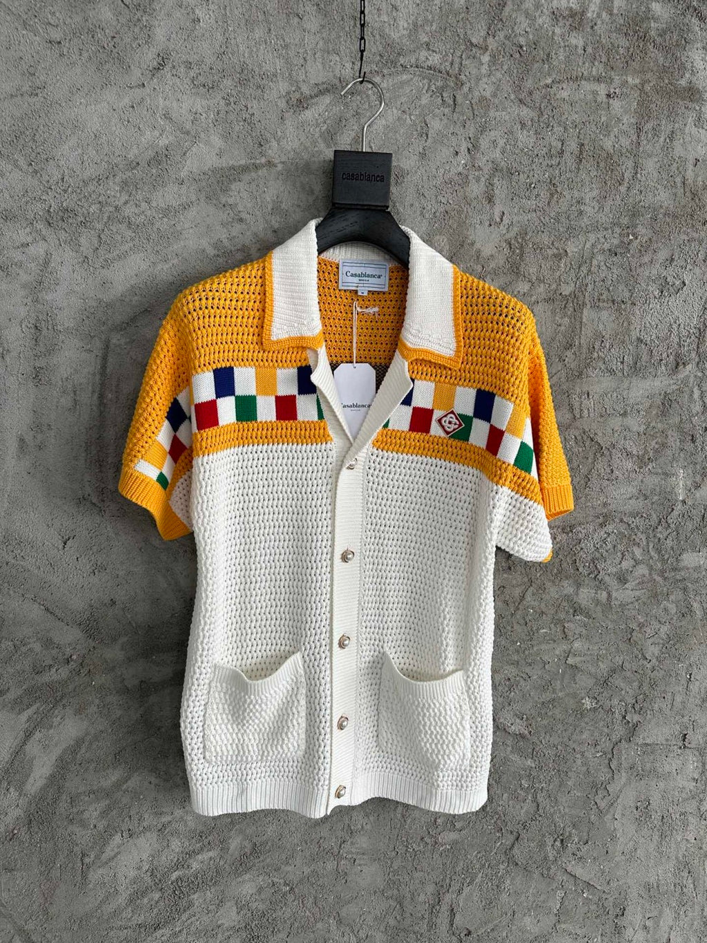 Casablanca Men's Summer Color Block Crochet V-Neck Knit Single Breasted Short Sleeve Shirt Shorts Set Suit #72869