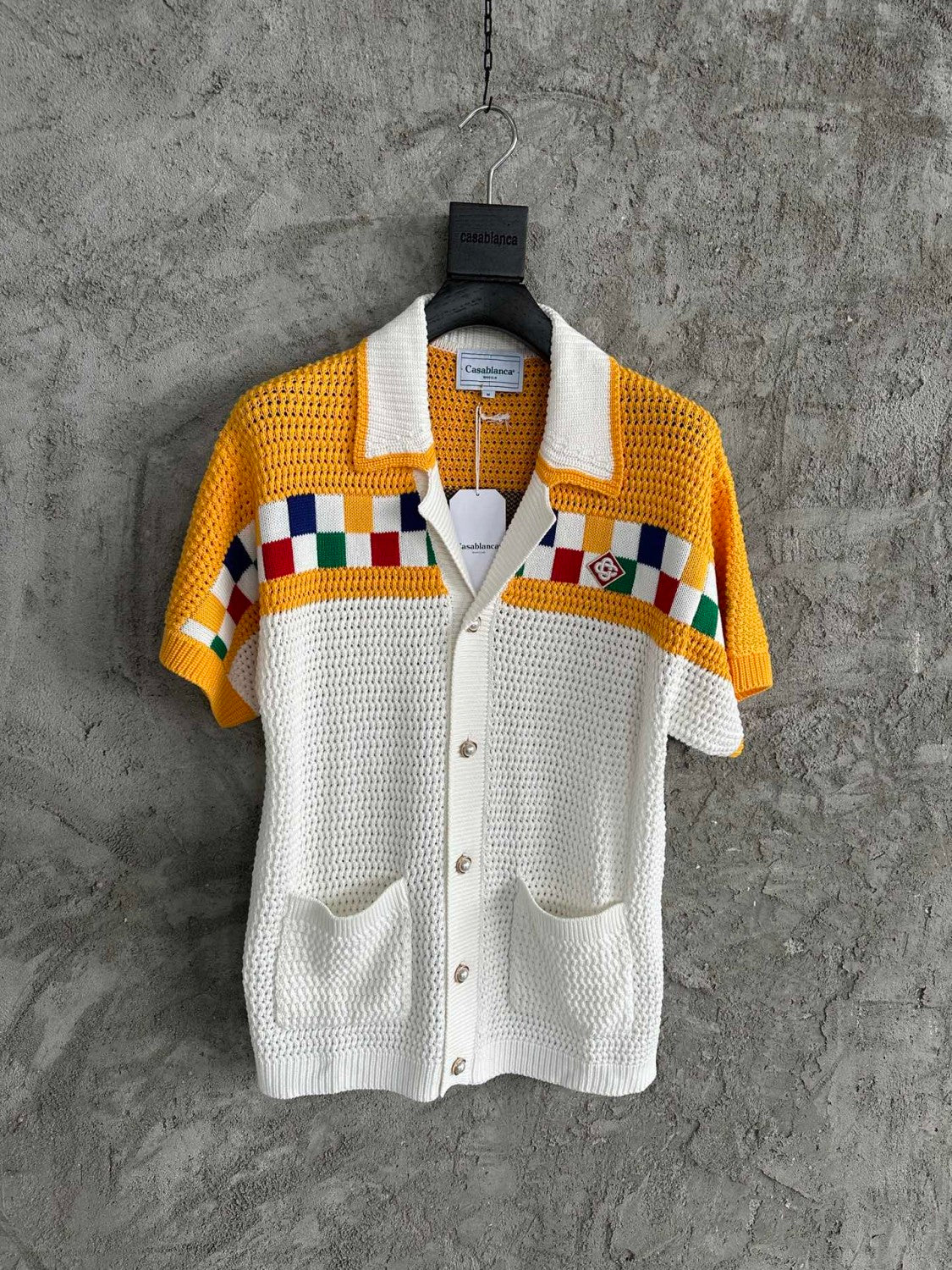 Casablanca Men's Summer Color Block Crochet V-Neck Knit Single Breasted Short Sleeve Shirt Shorts Set Suit #72869