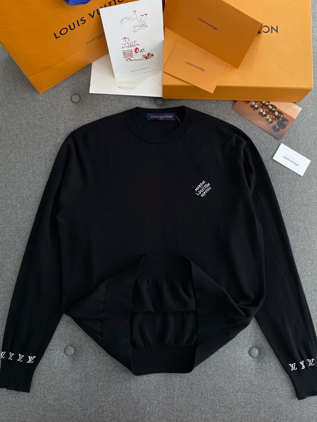 Louis Vuitton Men's Spring And Fall Logo Printed Crew Neck Black Cotton Long Sleeve Fitted Sweater #71473