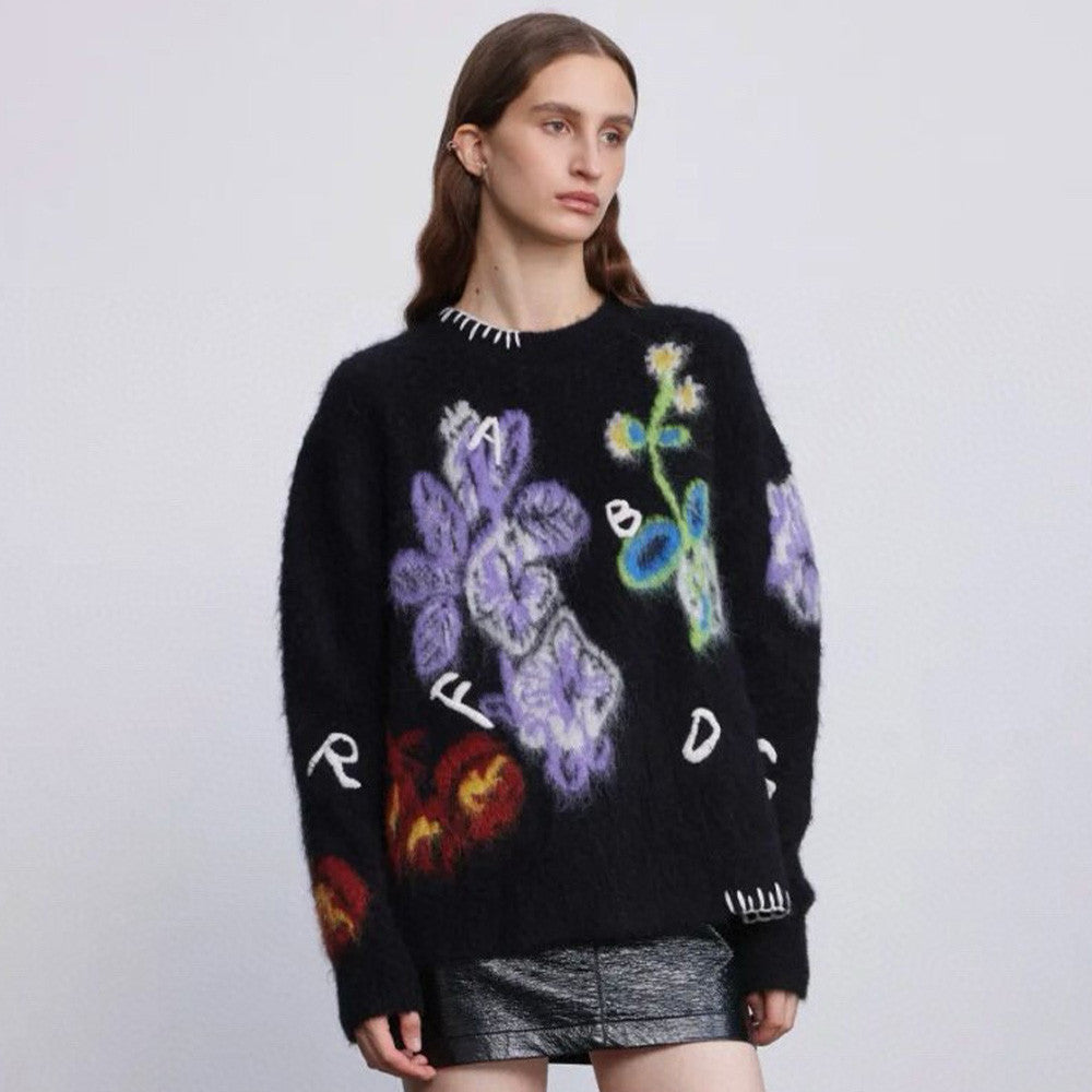 Fabrique Men's Women's Autumn And Winter Floral Letter Jacquard Crew Neck Pullover Loose Mohair Wool Knit Sweater Ngvp #7481