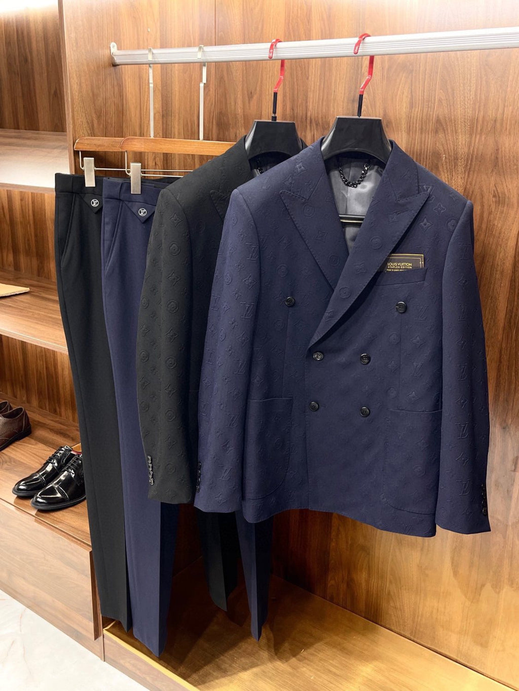 Louis Vuitton Men's Spring And Fall Solid Color Letters Dark Print Double Breasted Long Sleeved Suit Jacket Pants Suit Set #72912