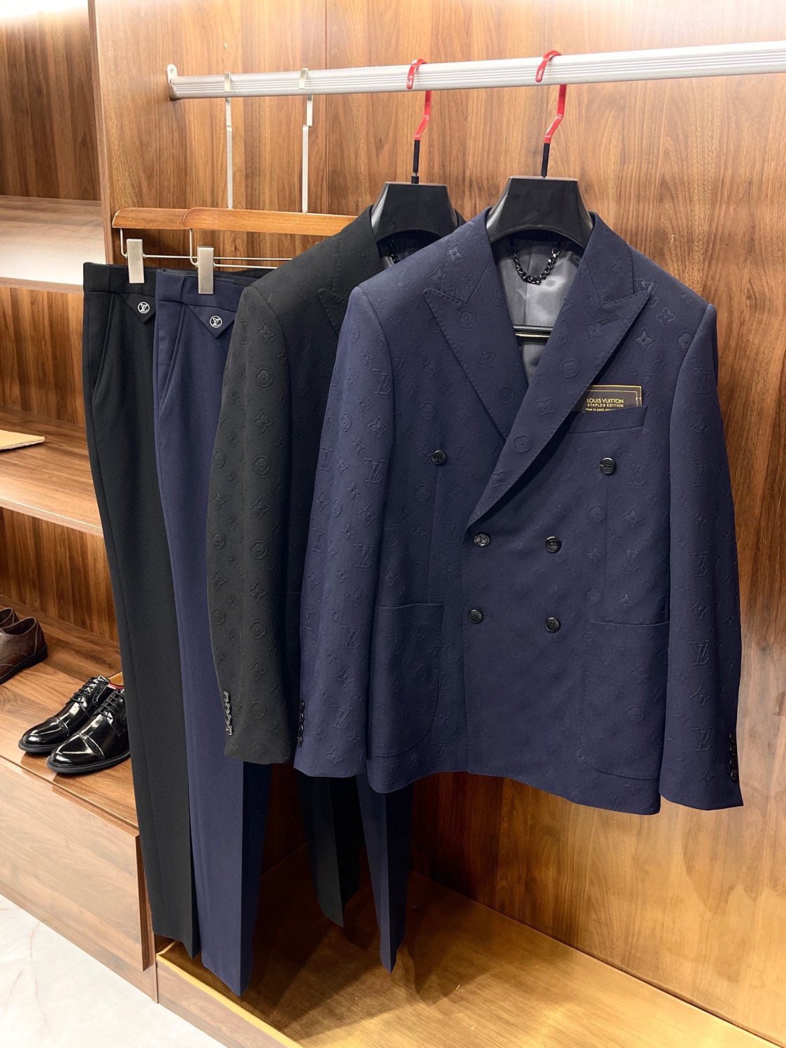 Louis Vuitton Men's Spring And Fall Solid Color Letters Dark Print Double Breasted Long Sleeved Suit Jacket Pants Suit Set #72912
