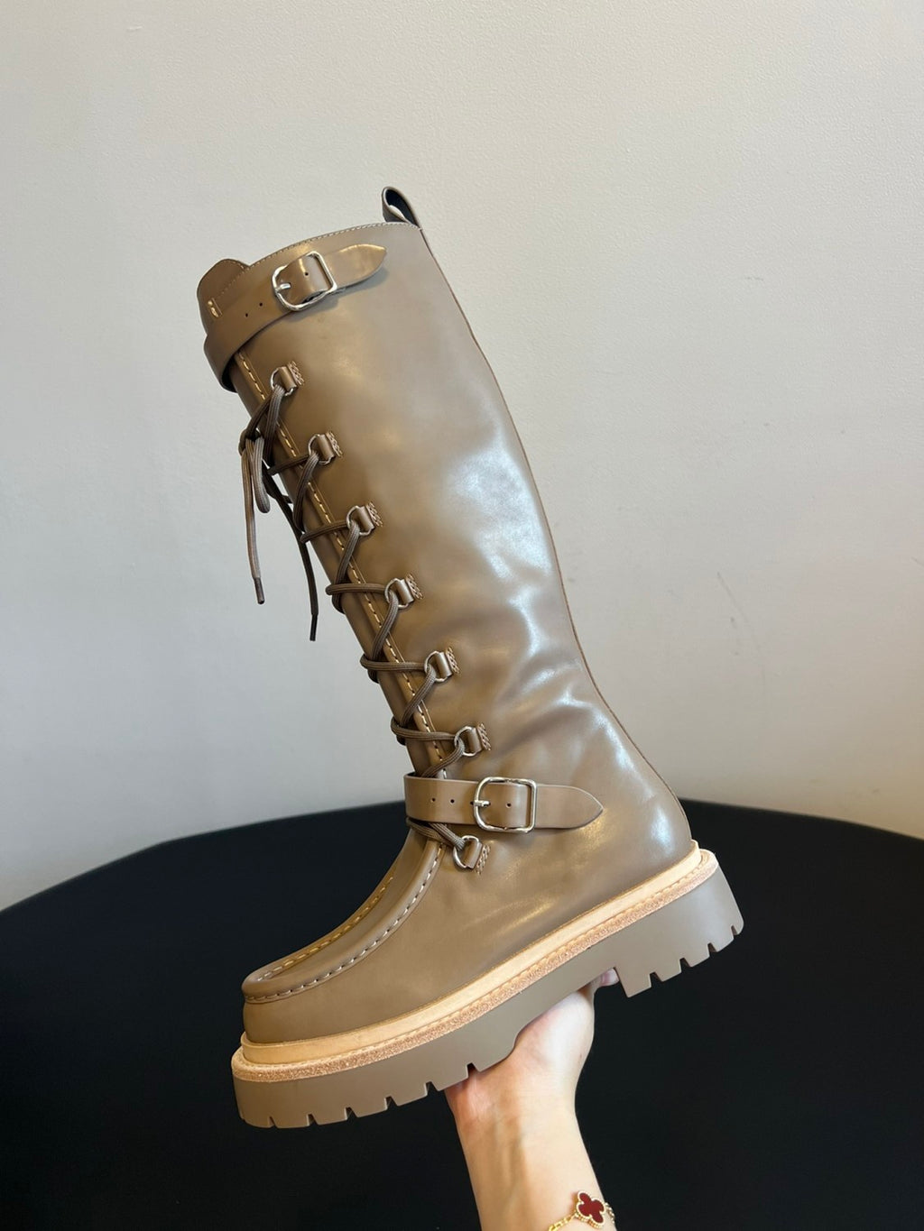 Hermes Women's Fall/Winter Landscape Boots Lace-Up Round-Toe High-Top Boots Solid-Color Cowhide Casual Shoes Heel Height: 3.5cm Ngvp #2326