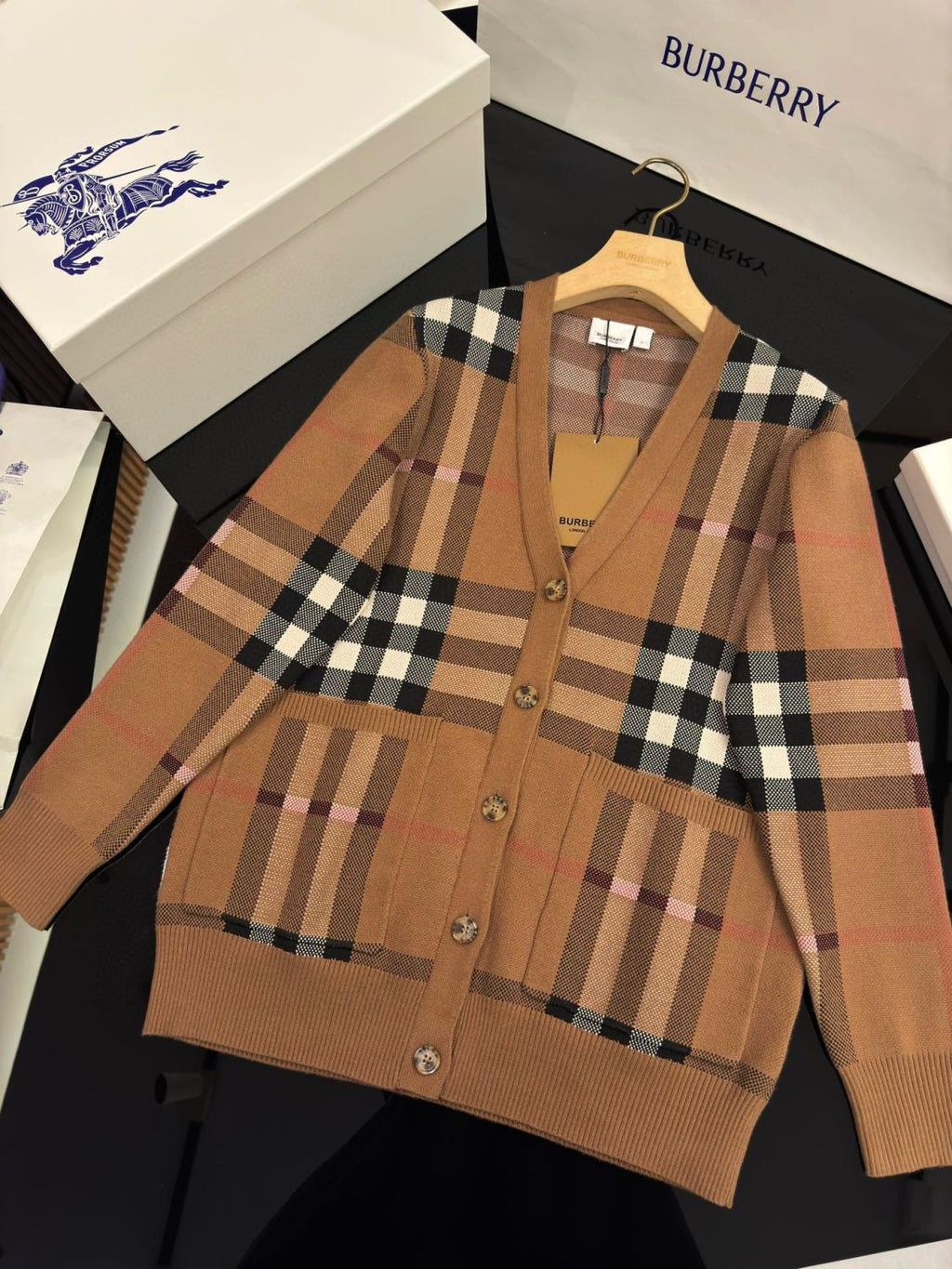 Burberry Men's Spring And Fall Plaid Print Wool Blend Single Breasted V-neck Long Sleeved Knit Cardigan Jacket #74819