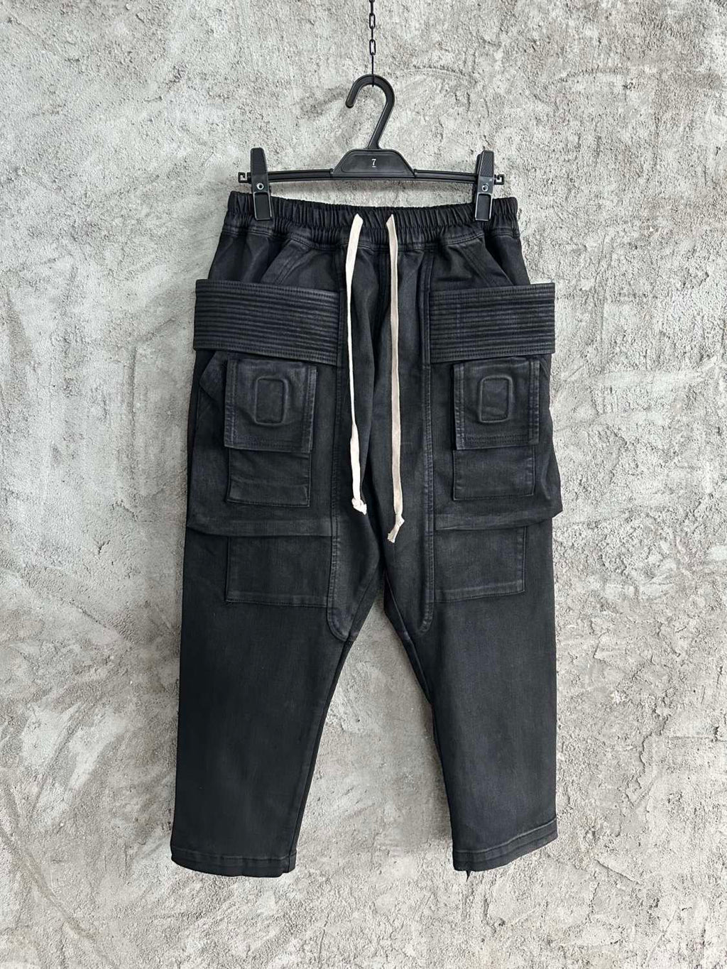 Rick Owens Men's Spring and Autumn Black Large Pocket Cotton Lace-Up Casual Work Pants #73375