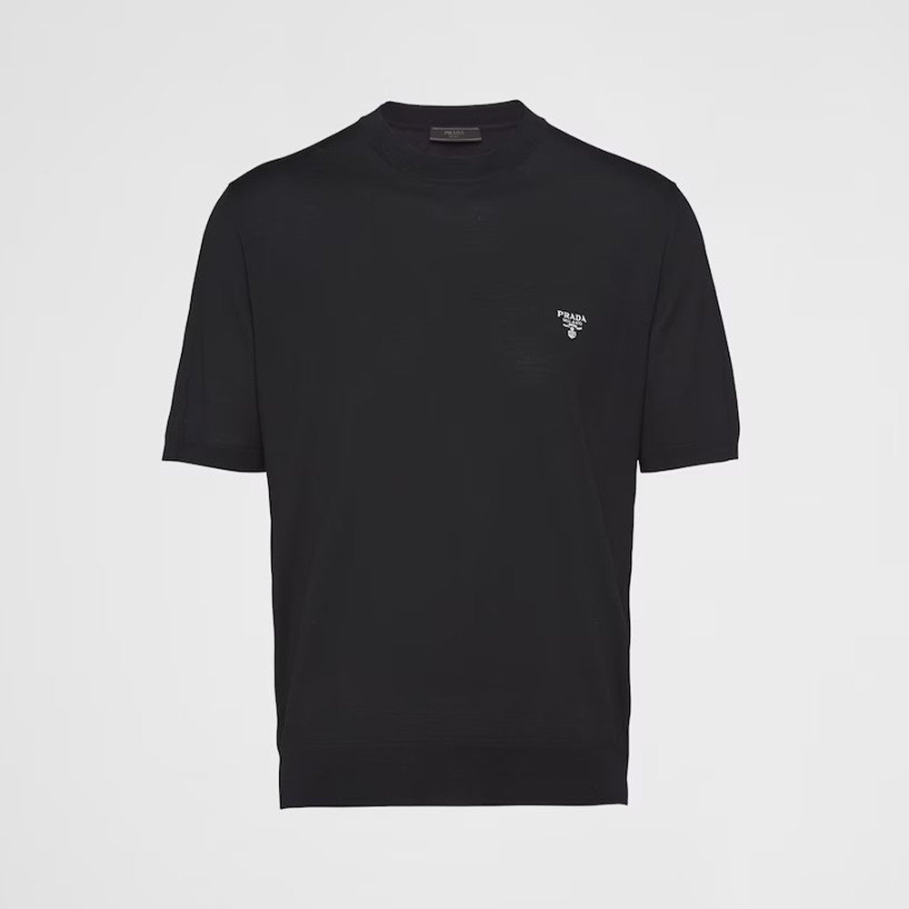 Prada Men's Spring/Summer Solid Color Logo Embroidery Superfine Wool Crew Neck Short Sleeve Sweater #98319
