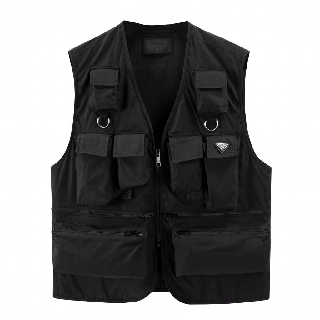 Prada Men's Summer Black Logo Patch Pocket V-Neck Zipper Casual Vest Jacket #98664
