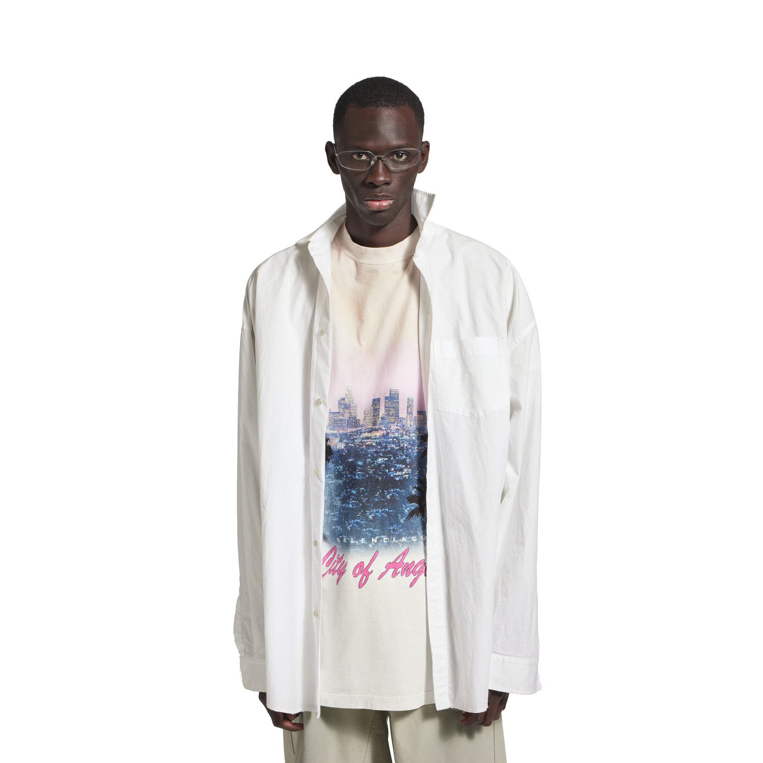Balenciaga Men's Layered Shirt In White Spring And Fall High Street Trend Non-removable Two-piece Printed Graphic T-shirt Fashion Casual Shirt Ngvp #2422