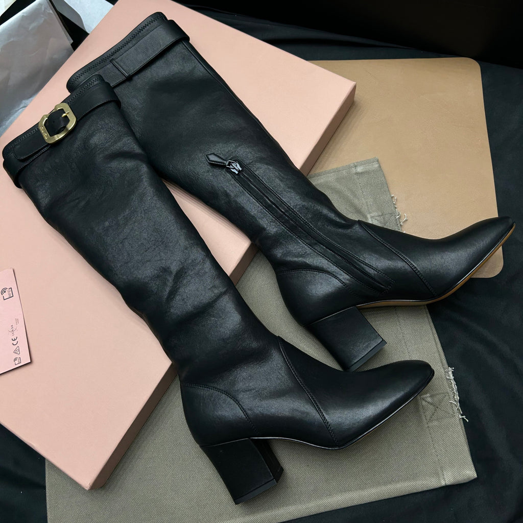 MiuMiu Women's Fall/Winter Fashion Classic Solid Color Leather Round Toe Sleeve Style Zipper Buckle Elastic Bare Leather Boots High Top Boots Shoes #79238