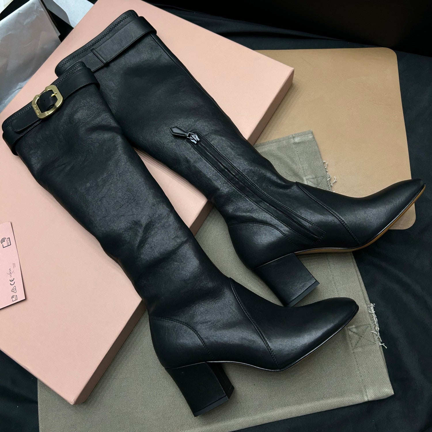 MiuMiu Women's Fall/Winter Fashion Classic Solid Color Leather Round Toe Sleeve Style Zipper Buckle Elastic Bare Leather Boots High Top Boots Shoes #79238