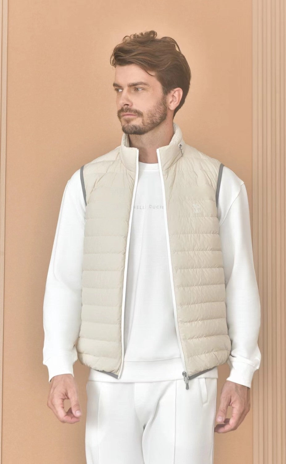 Brunello Cucinelli Men's Logo Embroidered High Neck Zipper Solid Color Fitted Straight Sleeveless Down Vest Ngvp #9665