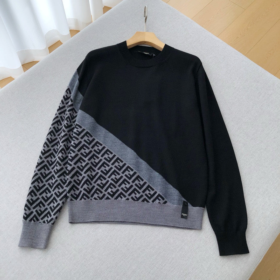 Fendi Men's Spring Autumn FF Classic Twill Jacquard Patchwork Crew Neck Knit Pullover Sweater #97843
