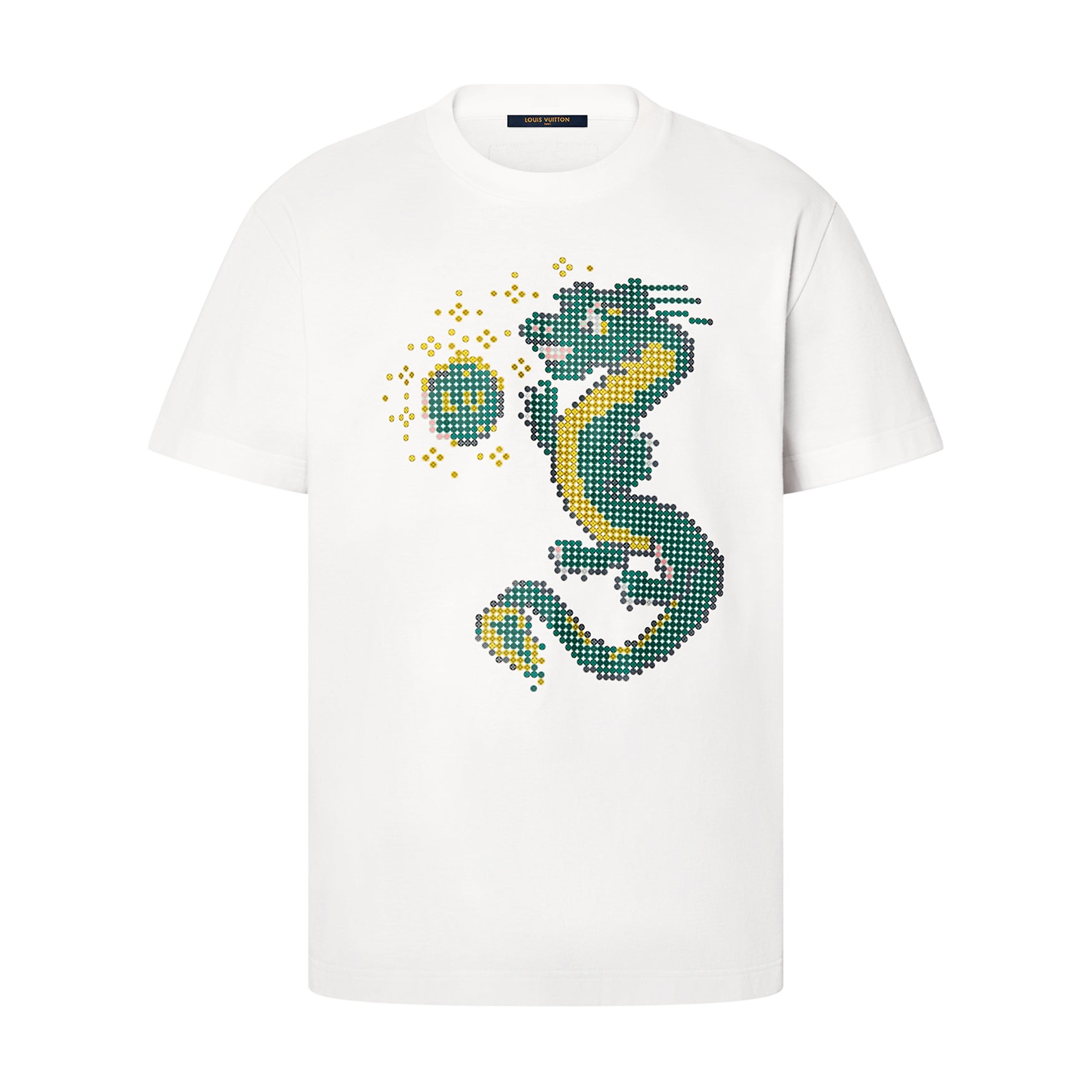 Louis Vuitton Men's Summer Year of the Dragon Printed Round Neck Cotton White Short Sleeve T-Shirt #97991