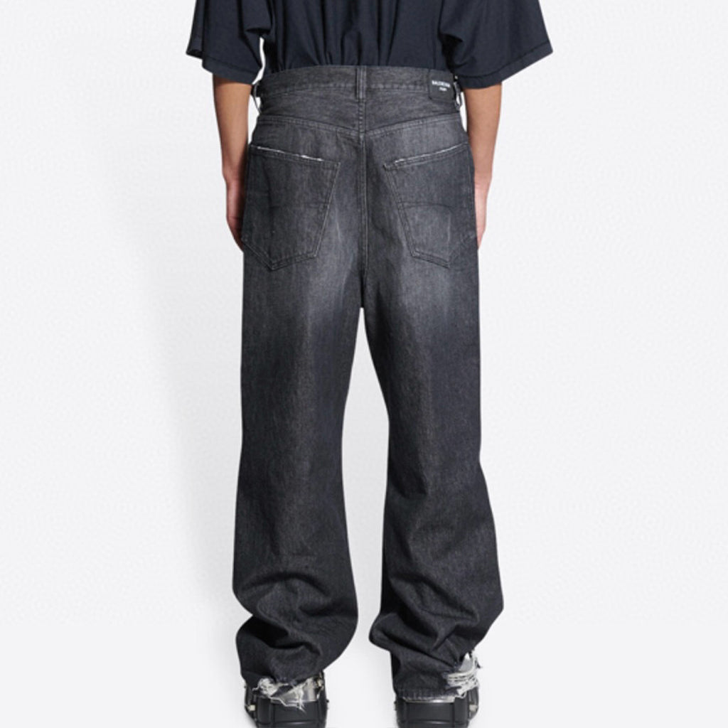 Balenciaga Men's Four Seasons Black Cotton Mid Waist Loose Ripped Denim Pants Ngvp #8181