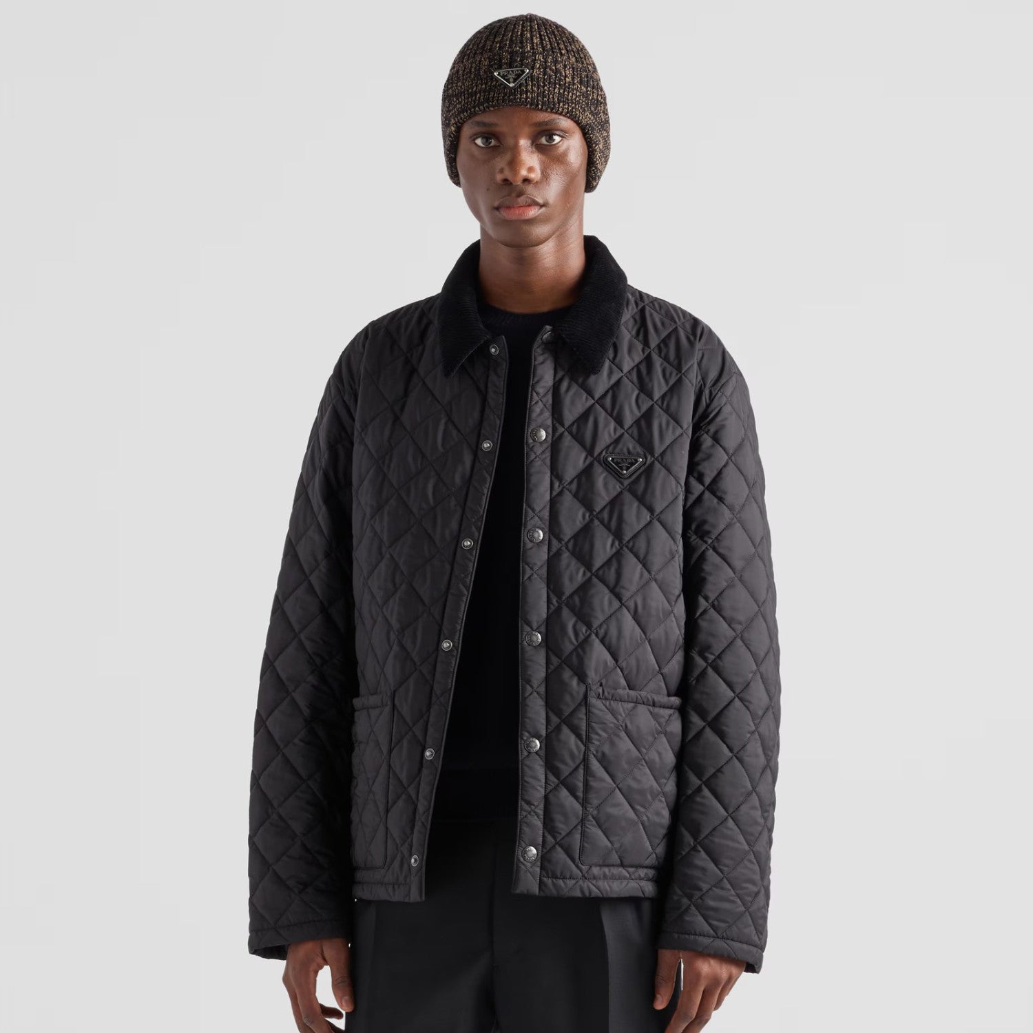 Prada Men's Autumn and Winter Solid Color Nylon Quilted Single Breasted Long Sleeve Puffer Down Jacket #73918