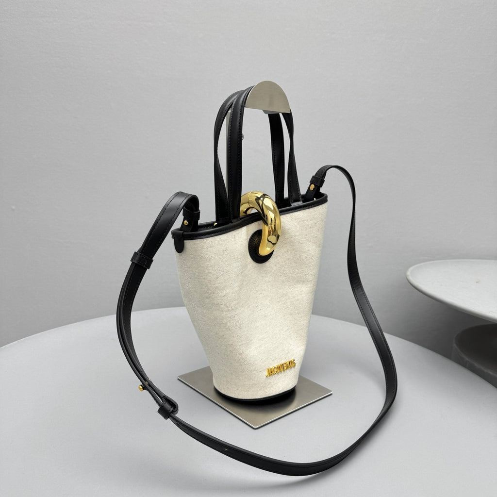 Jacquemus The small Bambola Women's Classic Fashionable Minimalist Detachable Shoulder Strap Metal Buckle Linen Leather Bucket Bag Tote Bag Handbag Bags #78241