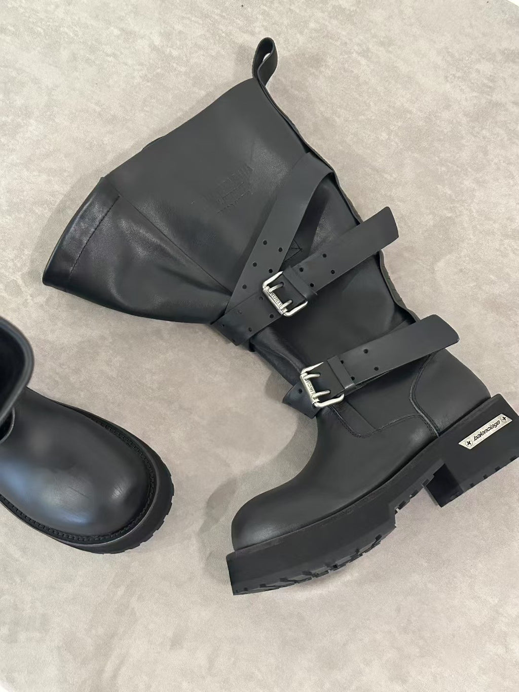Balenciaga Venom Men's And Women's Solid Color Autumn/winter Round Toe Buckle Cowhide Leather High Top Boots Shoes #78113