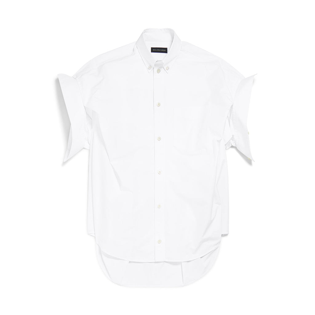 Balenciaga Men's Women's Spring Summer Autumn Lapel Fit White Cotton Poplin Round Hem Folded Sleeve Shirt Ngvp #1399