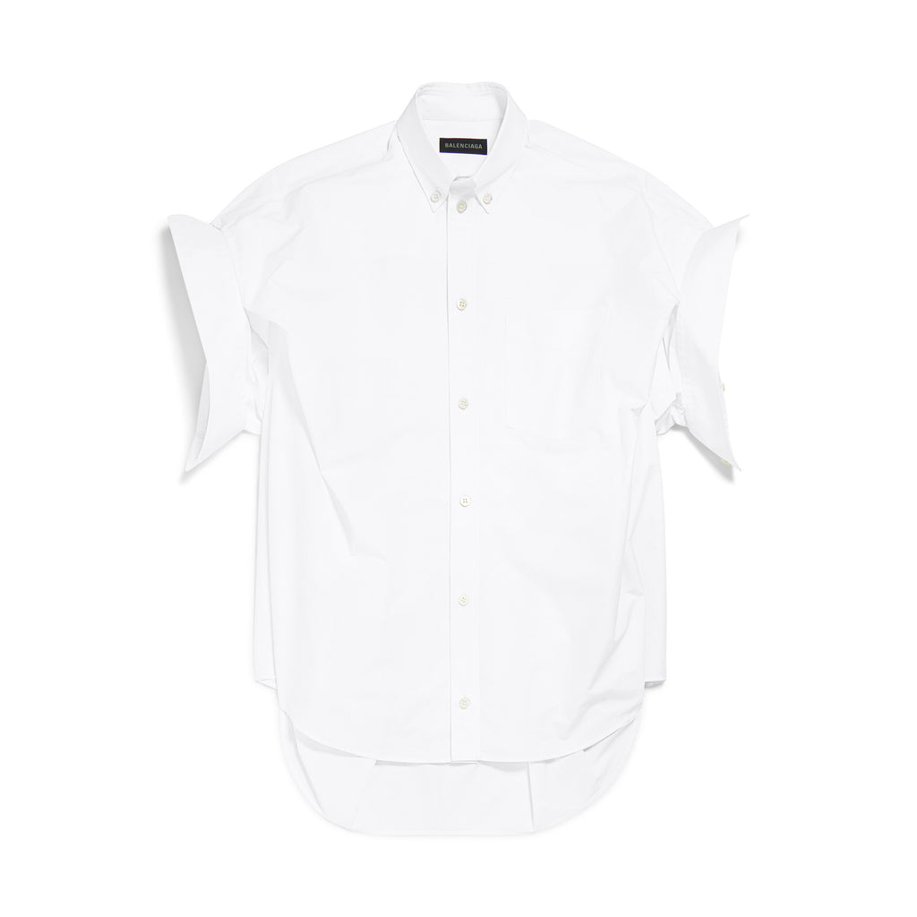 Balenciaga Men's Women's Spring Summer Autumn Lapel Fit White Cotton Poplin Round Hem Folded Sleeve Shirt Ngvp #1399