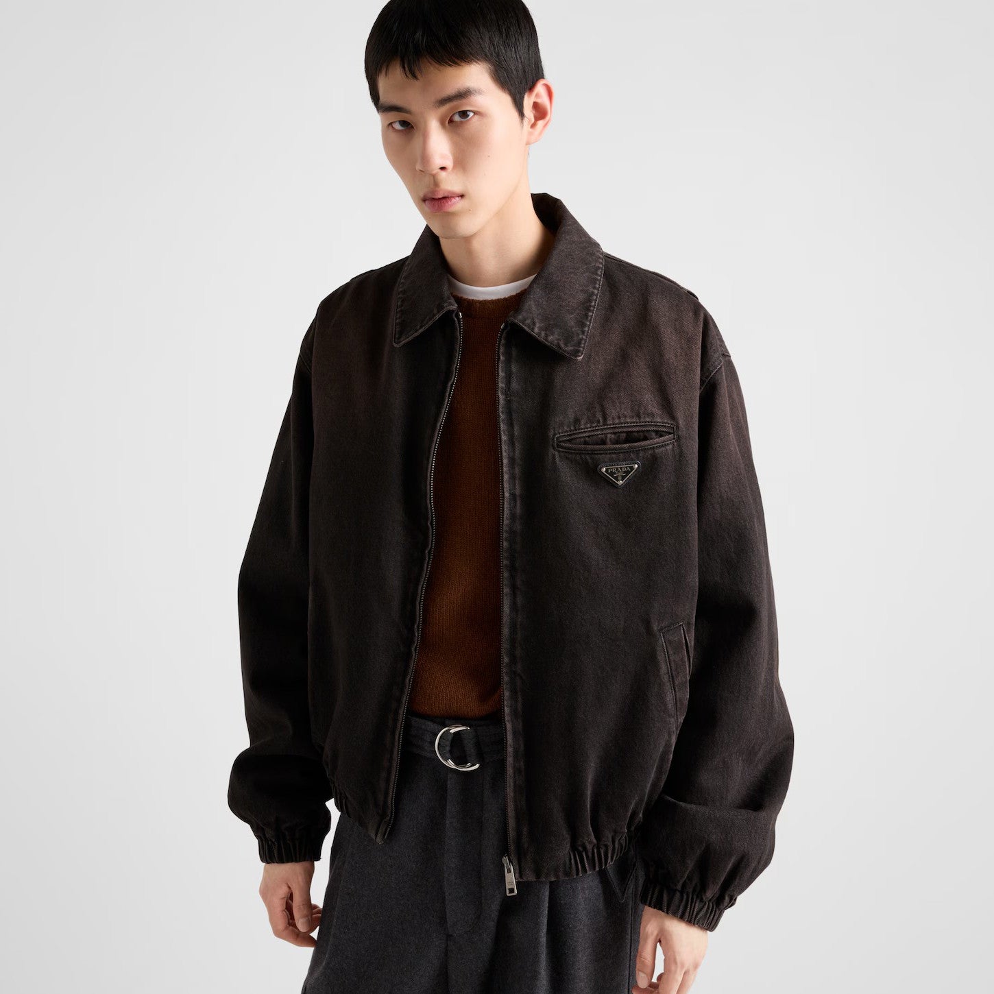 Prada Men's Autumn and Winter Solid Color Logo Applique Zipper Loose Denim Jacket #74971