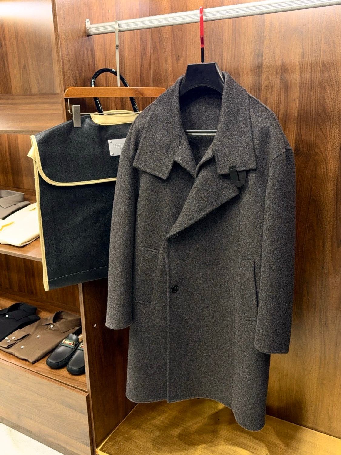 Hermes Men's Large Lapel Wool Slightly Wide Version Long Cashmere Coat #333099