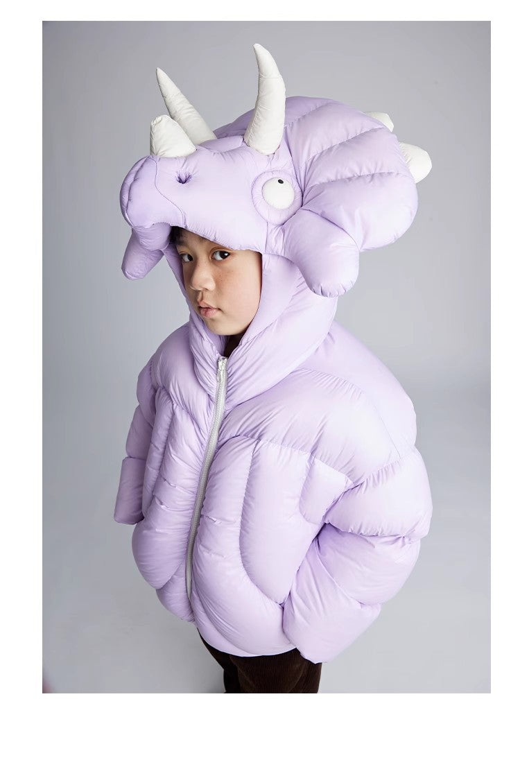 Kid's Autumn And Winter Solid Color Triceratops Jacket Thickened Short Zipper Loose Hooded Puffer Down Jacket #31322