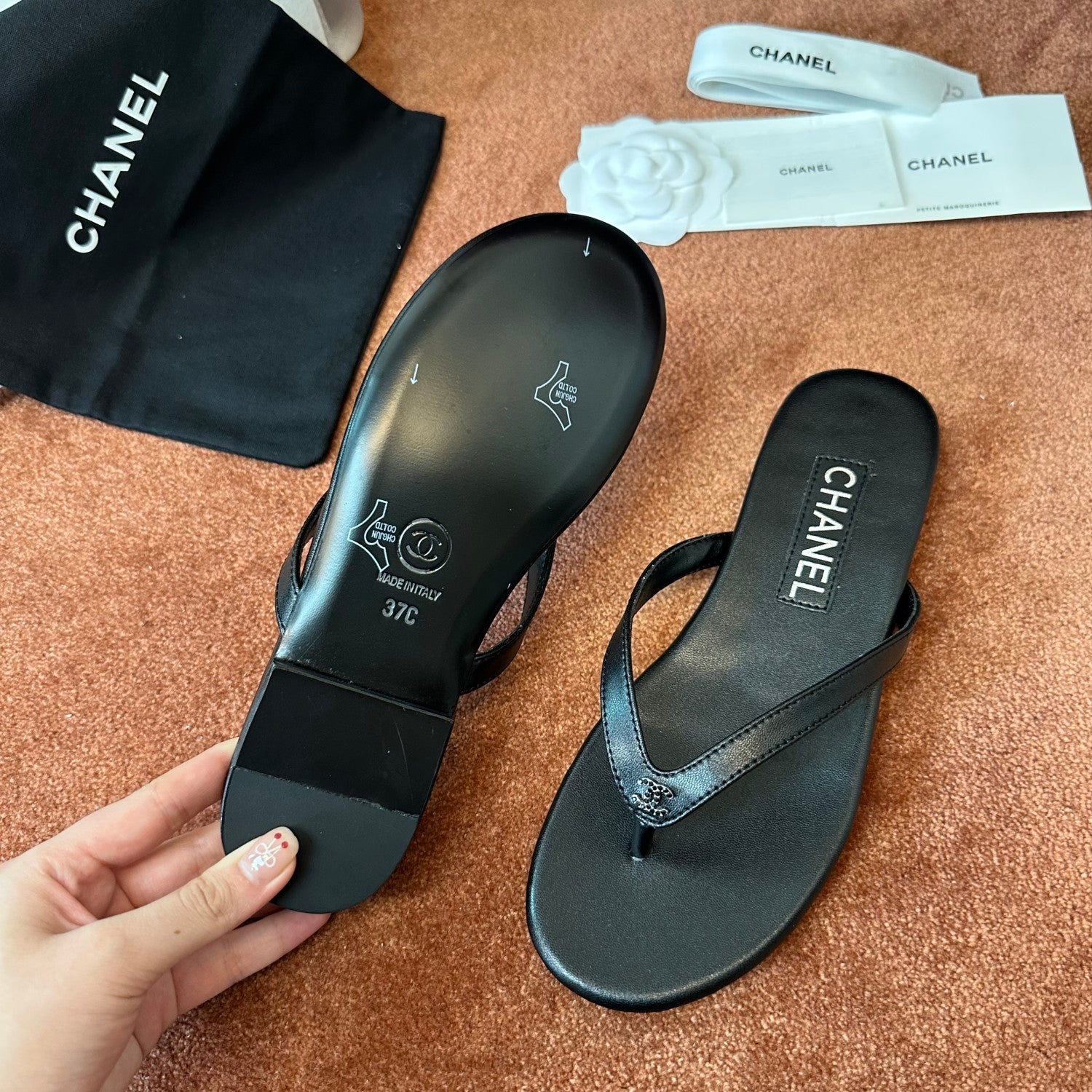 Chanel Women's Summer Fashion Casual Simple Round Toe Open Toe Leather Thong Sandals Shoes #78433