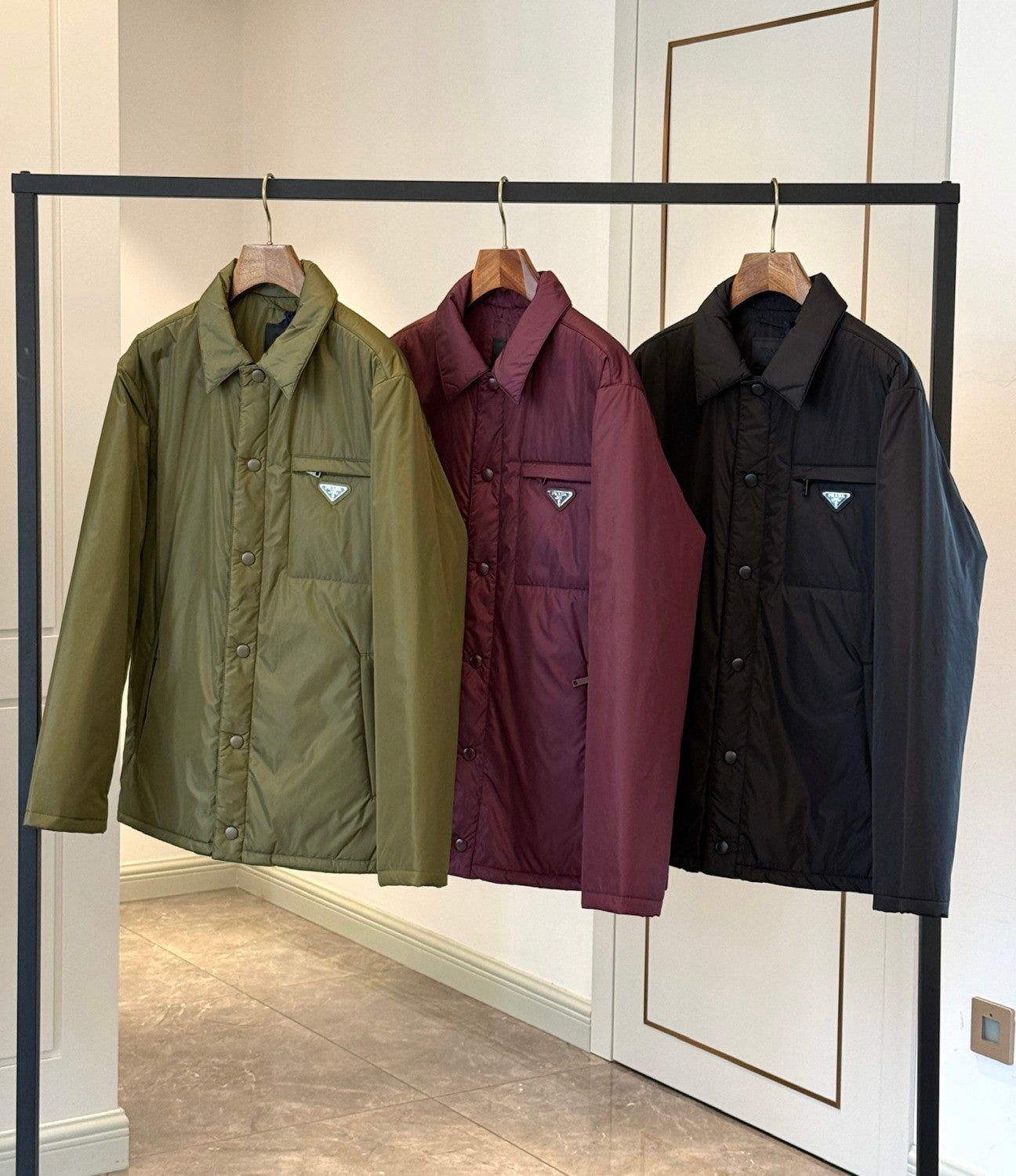 Prada Men's Autumn and Winter Solid Color Single Breasted Nylon Cotton Jacket Long Sleeve Jacket #73912