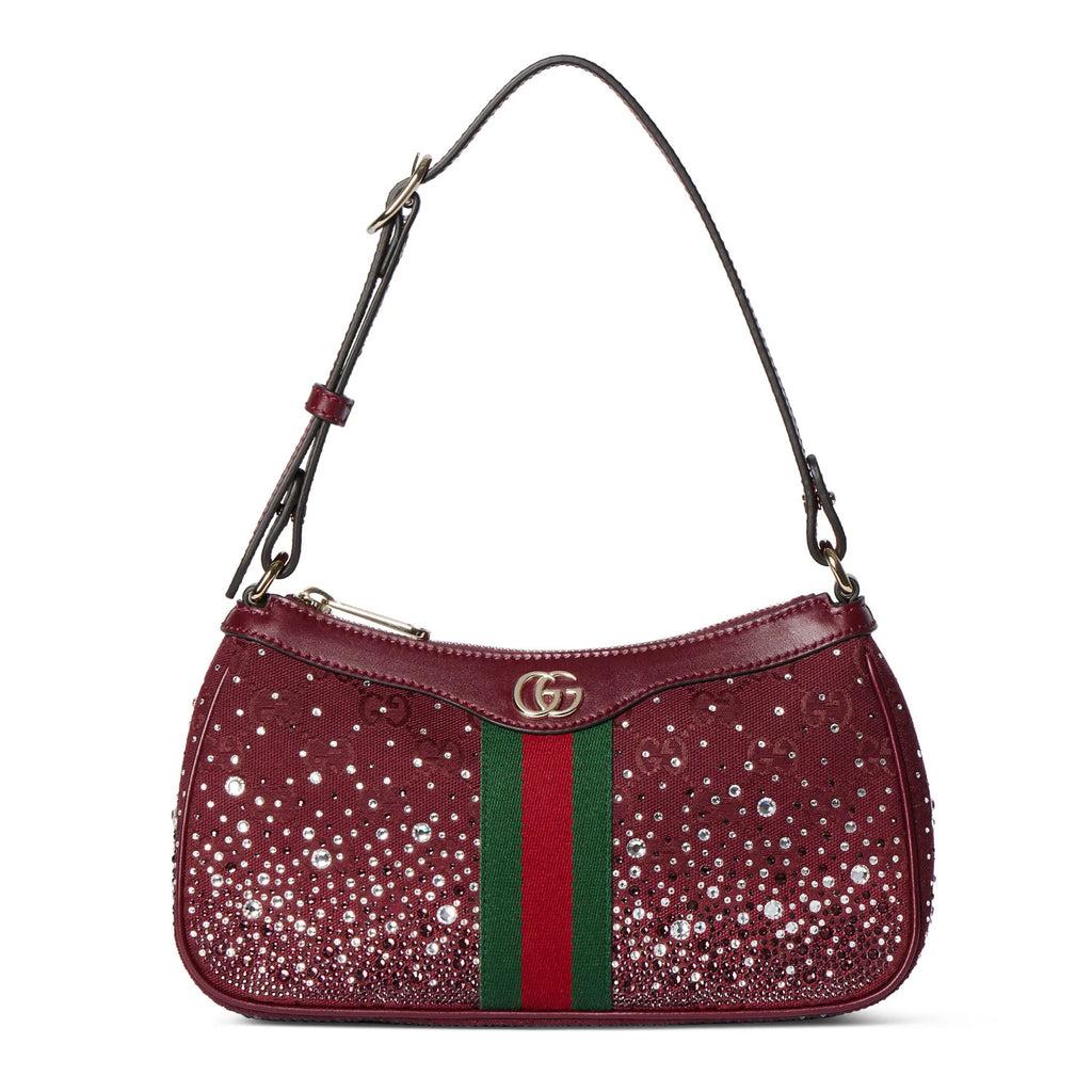 Gucci Ophidia Collection Crystal-Embellished Small Shoulder Bag Fashion Striped Satin Ribbon Gold-Tone Hardware Clutch Bag Crossbody Bags #193418
