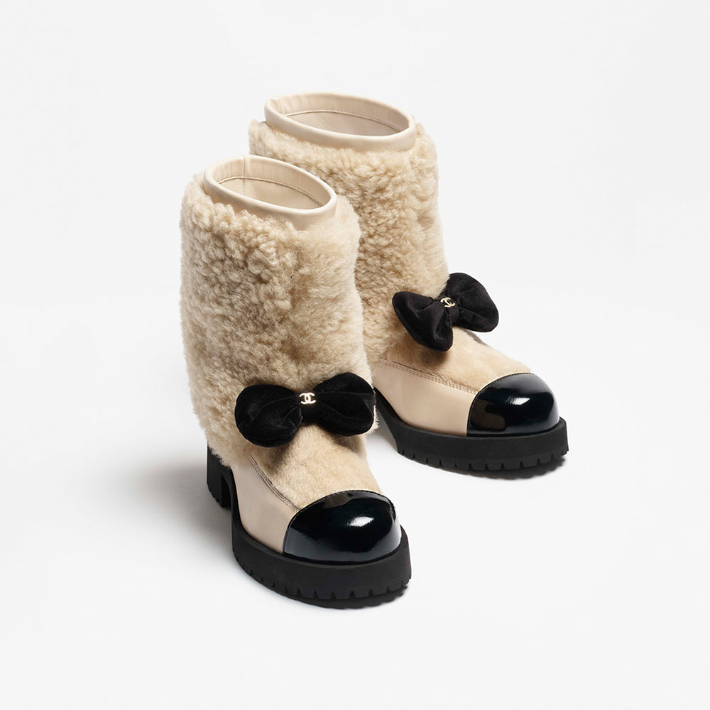 Chanel Short Boots Shearling Lambskin Calfskin Lambskin Patent Calfskin Beige Black #334244