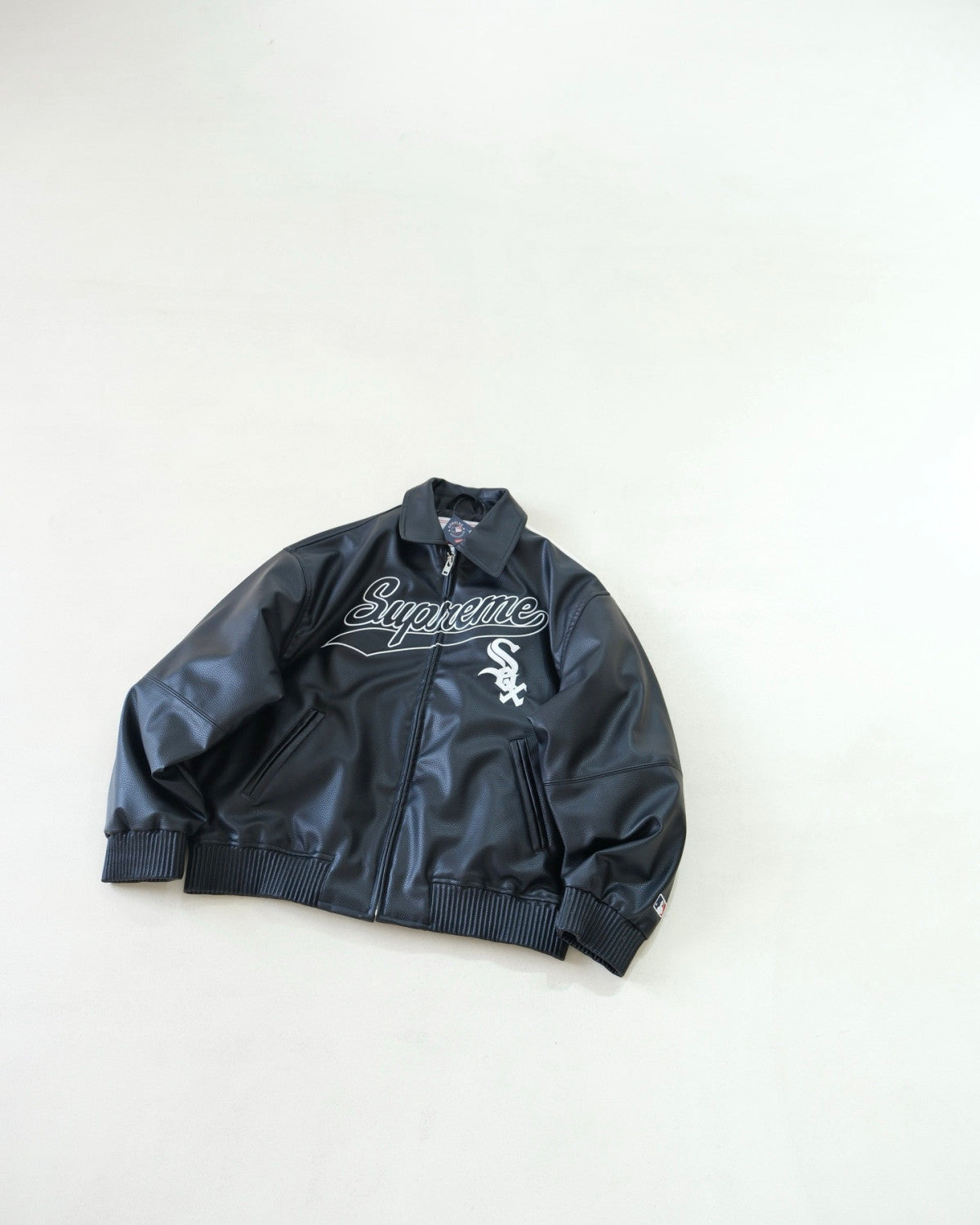 Supreme x Chicago White Sox FW25 WEEK5  Men's and Women's Leather Logo Patch Zipper Closure Varsity Jacket #332978