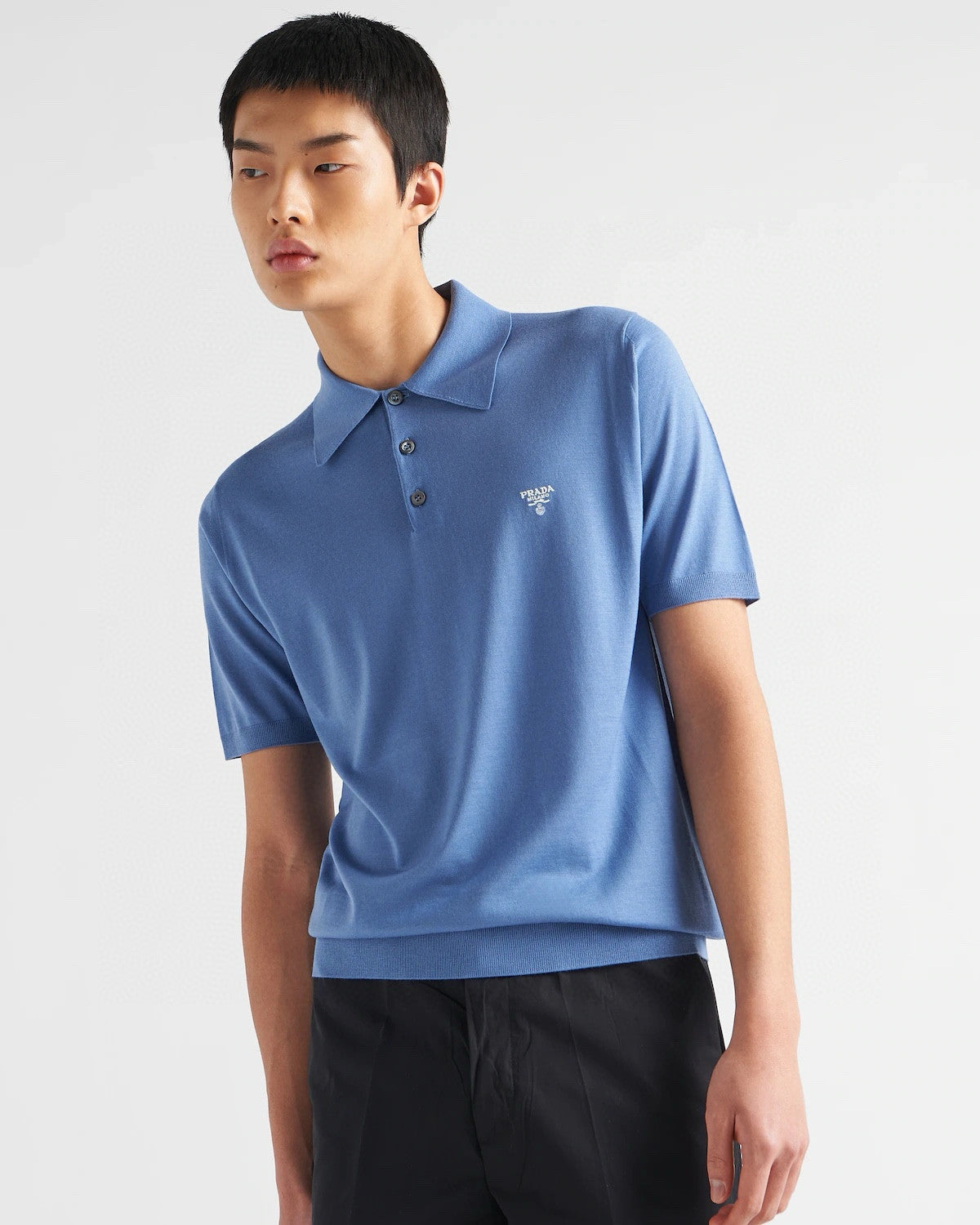 Prada Men's Summer Solid Color Embroidered Logo Wool Knit Polo Shirt Short Sleeve T-Shirt #98532