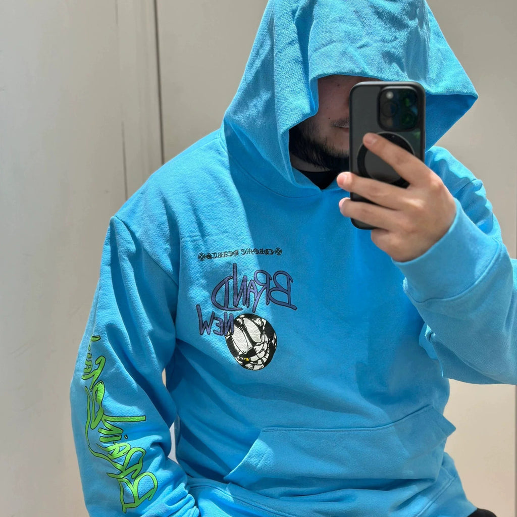 Chrome Hearts  Men's Women's Spring And Summer Fashion Letter Graffiti Blue Casual Loose Hooded Sweatshirt #98725