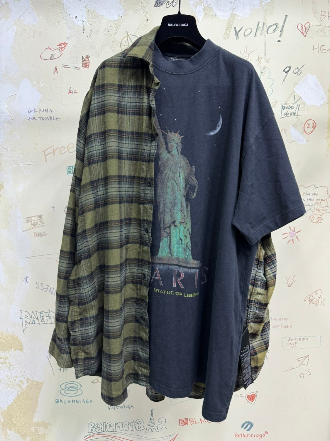 Balenciaga Men's Spring And Autumn Checkered Lapel Aged Cotton PARIS LIBERTY Loose Long Sleeve Solid Layered Shirt #73368