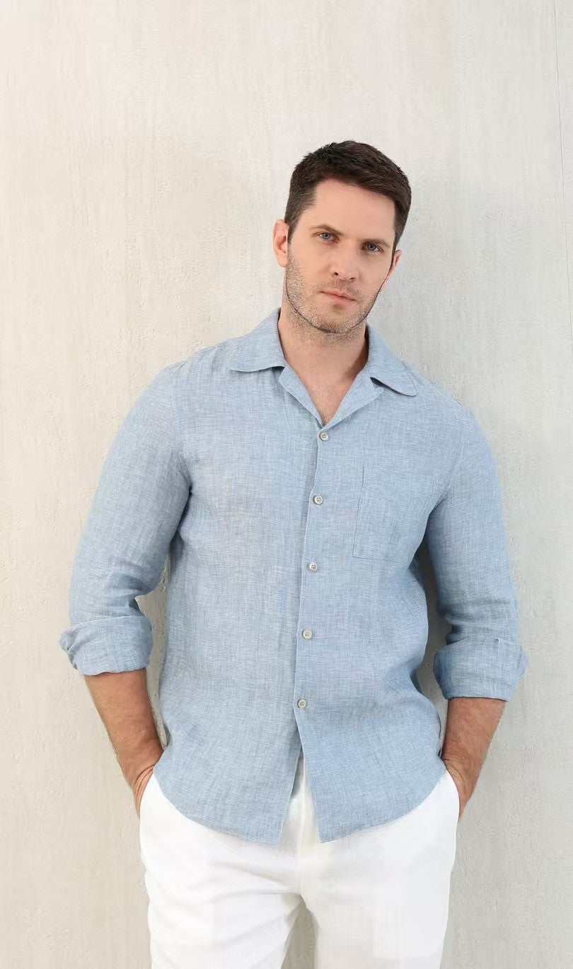 Brunello Cucinelli Men's Linen Easy Fit Shirt with Camp Collar and Chest Pocket Spring And Autumn Solid Color Long Sleeve Top Ngvp #1455