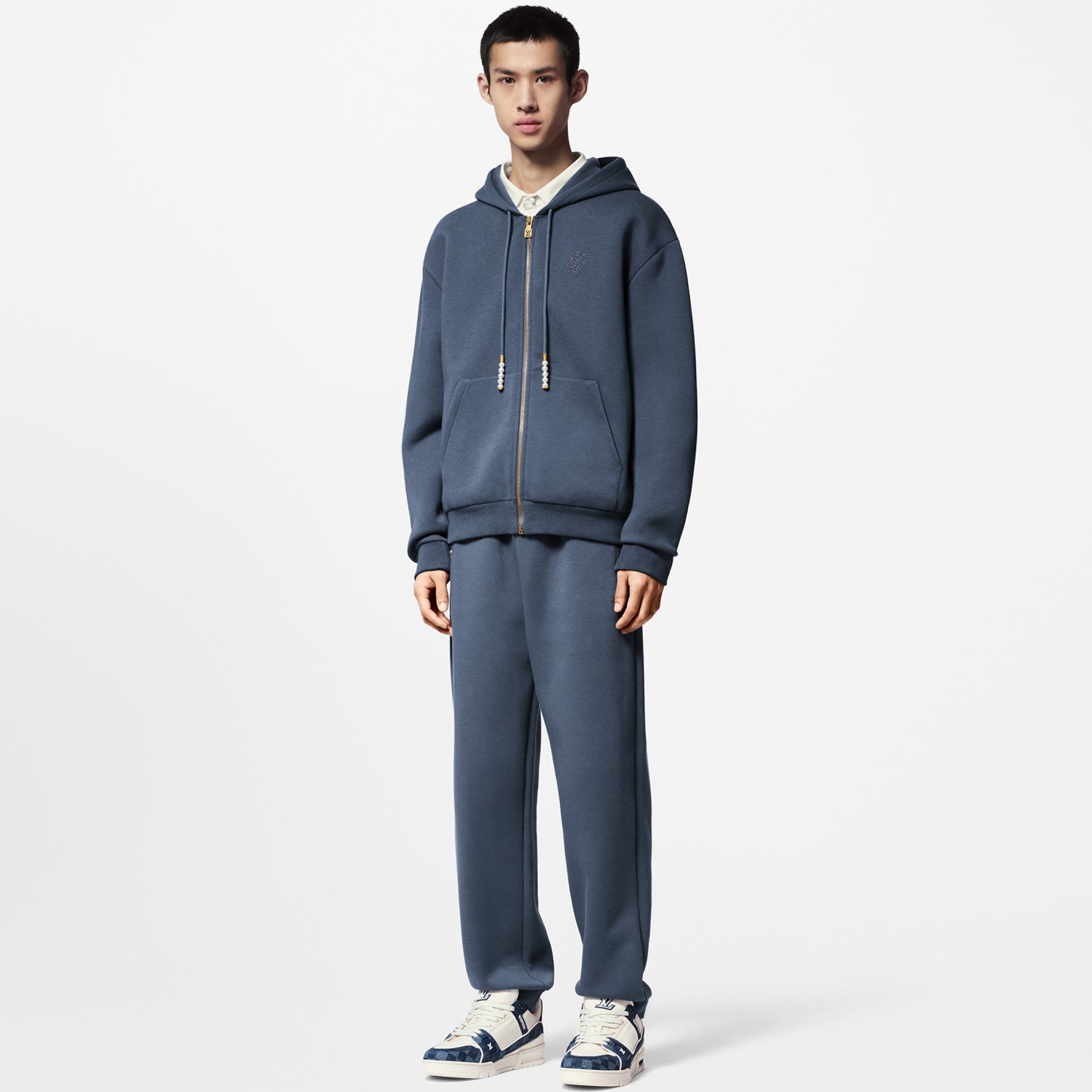 Louis Vuitton Men's Spring and Autumn Blue Embroidery Letter Logo Pearl Pendant Hooded Zipper Jacket Lace-Up Trousers Pants Set Suit #99763