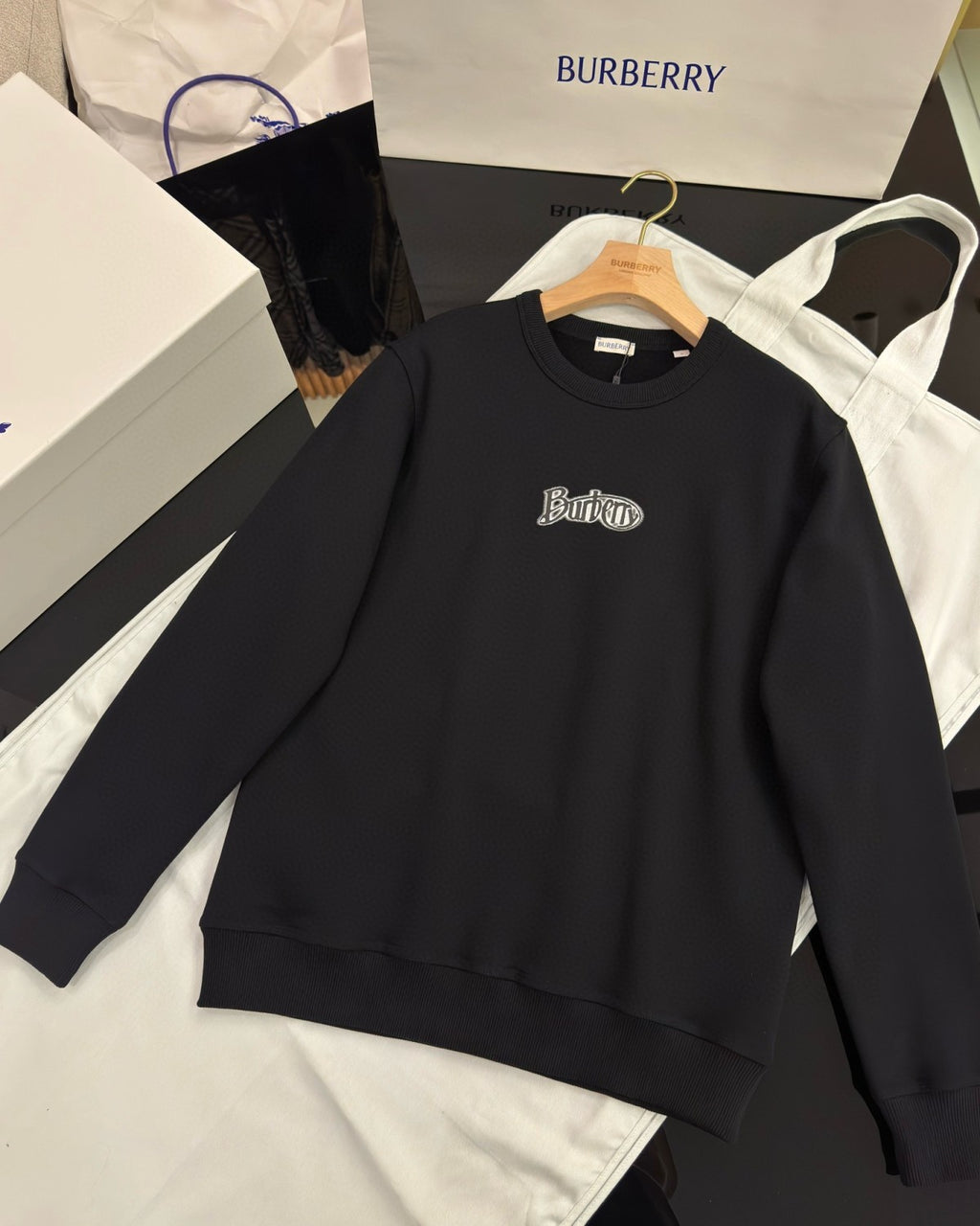 Burberry Men's Spring and Autumn Black Letter Logo Pattern Printed Round Neck Long Sleeve Sweatshirt Elastic Drawstring Casual Pants Suit Set #74235
