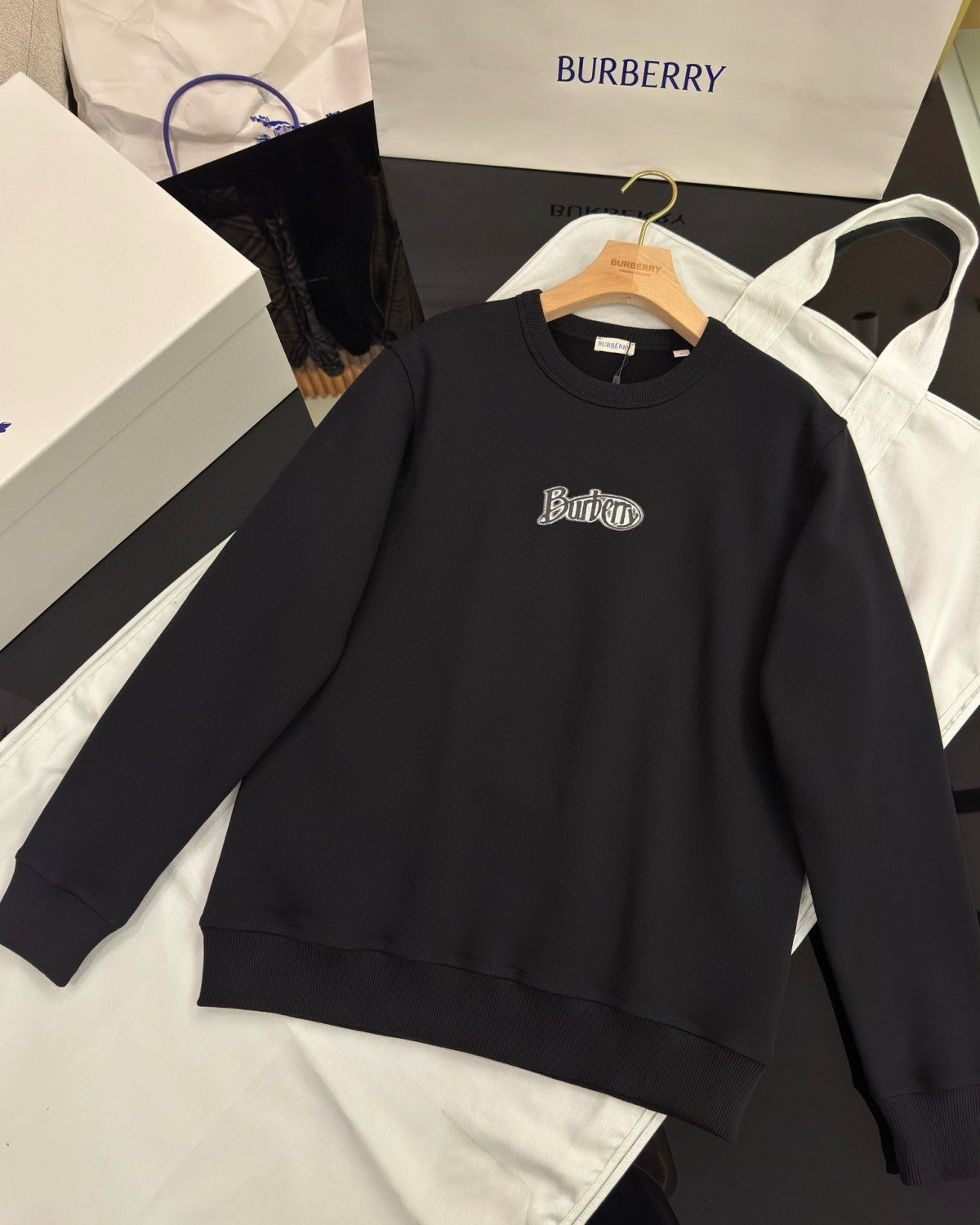 Burberry Men's Spring and Autumn Black Letter Logo Pattern Printed Round Neck Long Sleeve Sweatshirt Elastic Drawstring Casual Pants Suit Set #74235