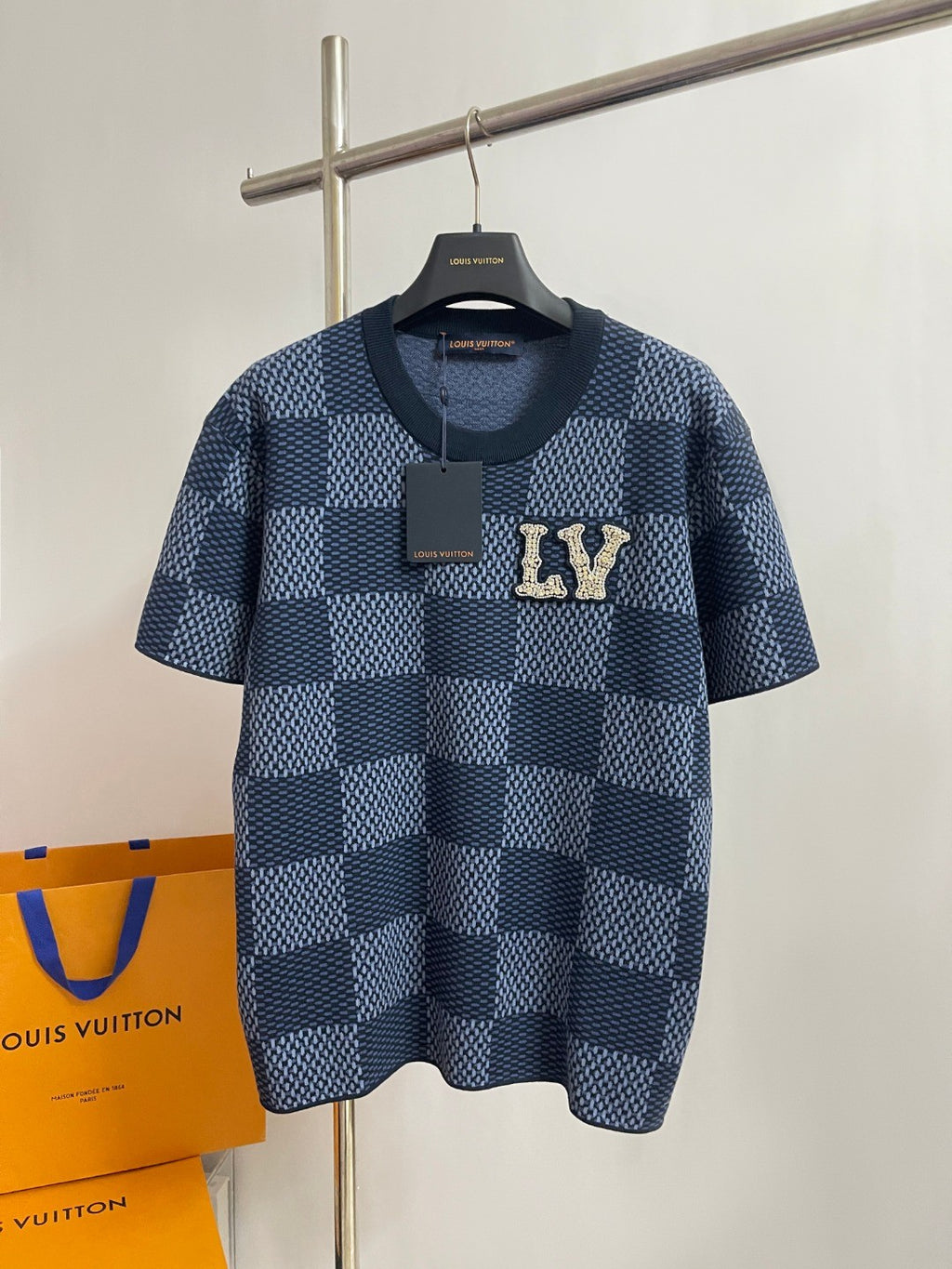Louis Vuitton Men's and Women's Summer Checkerboard Printed Beaded Logo Printed Round Neck Short Sleeve T-Shirt #75187