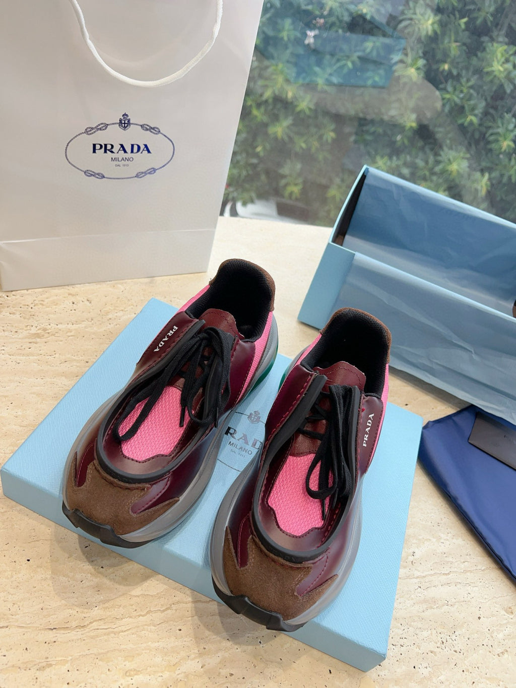 Prada Men's And Women's Two-tone Fabric And Leather Round-toe Fashionable Low-top Lace-up Sneakers Shoes #77222