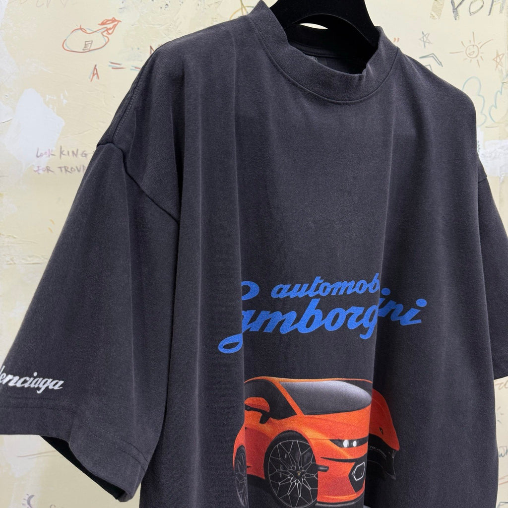 Balenciaga I Automobili Lamborghini Men's Summer Sports Car Pattern Printed Round Neck Cotton Short Sleeve T-Shirt #77793