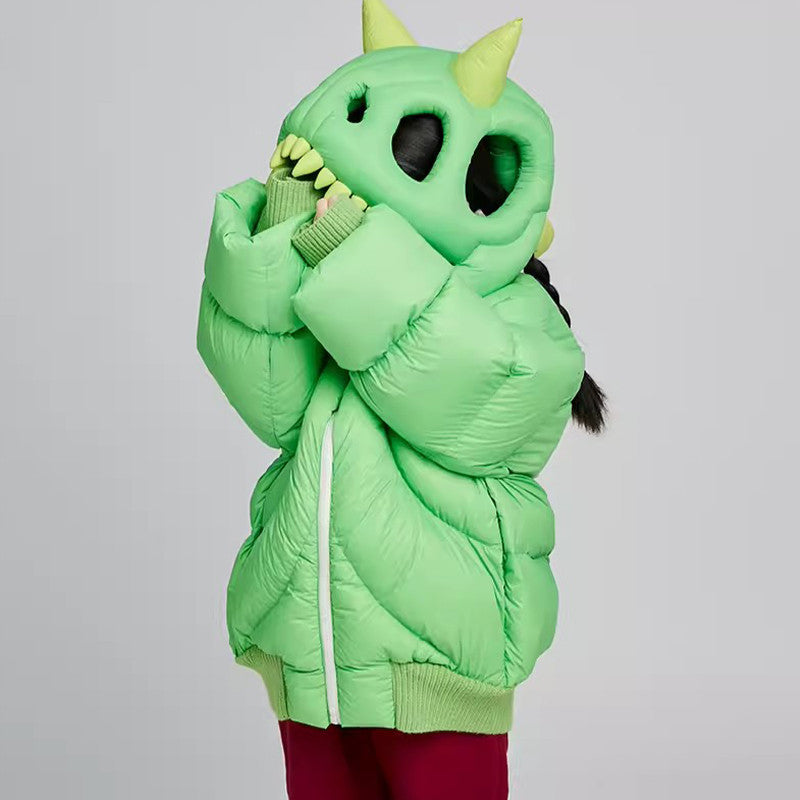 Kid's Autumn And Winter Solid Color Three-Dimensional Cutting Dinosaur Cap Hooded Loose Long-Sleeved Puffer Down Jacket #31323