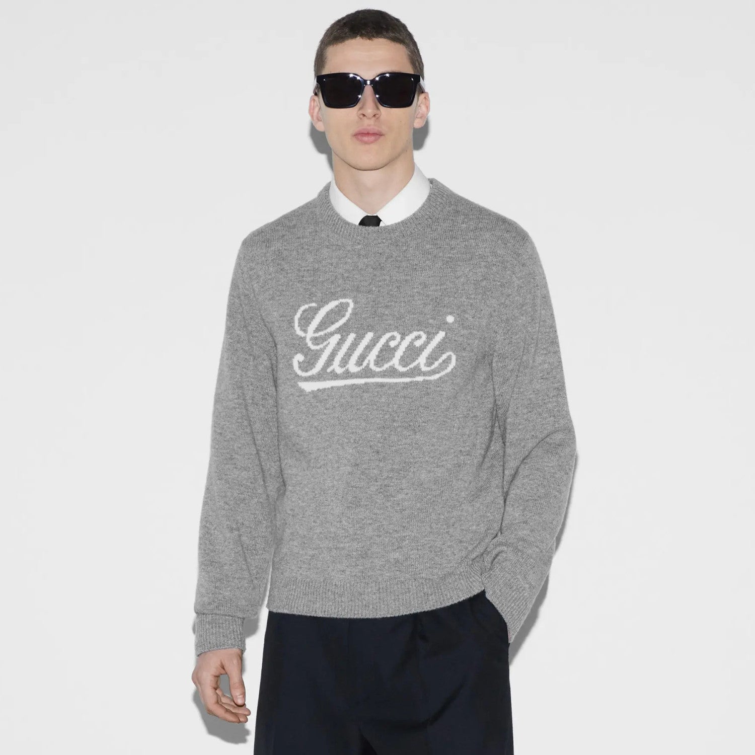Gucci Men's Autumn and Winter Gray Logo Letter Applique Crew Neck Pullover Wool Long Sleeve Sweater #286788