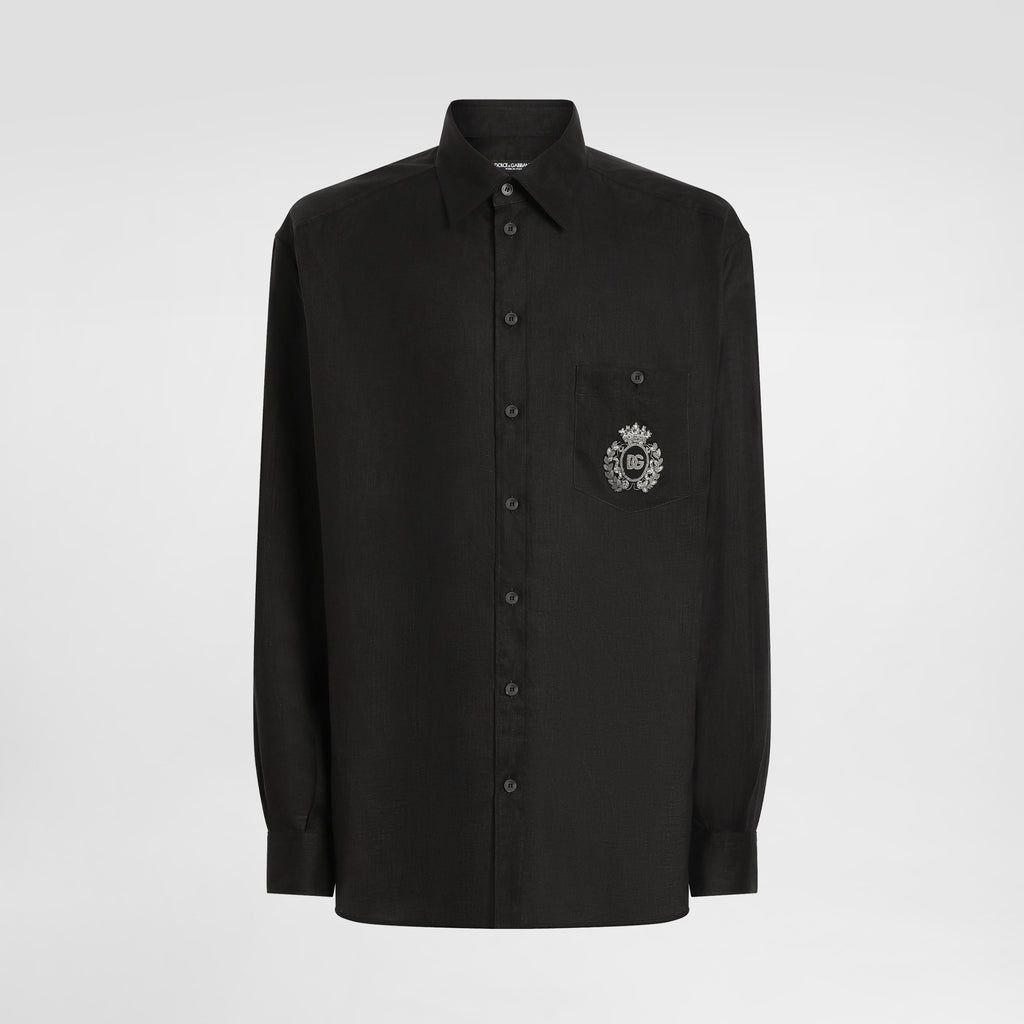 Dolce & Gabbana Men's Spring/Summer Solid Colour Embroidered Pattern Printed Single-Breasted Linen Fabric Long-Sleeved Shirt #77135