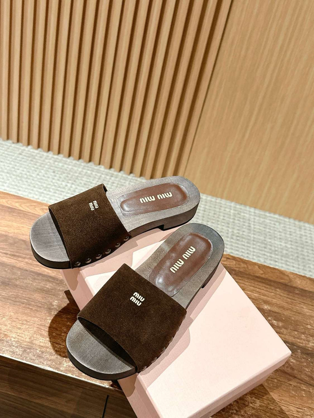MiuMiu Women's Summer Fashion Casual Round Toe Slip On Suede Leather Wooden Sole Sandals Shoes #78432