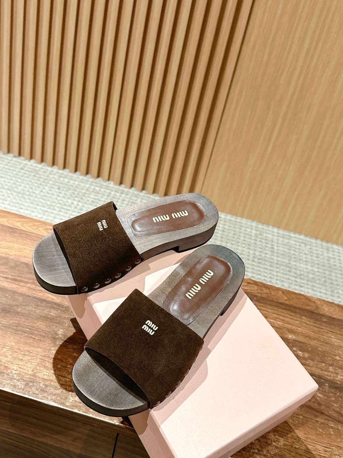 MiuMiu Women's Summer Fashion Casual Round Toe Slip On Suede Leather Wooden Sole Sandals Shoes #78432