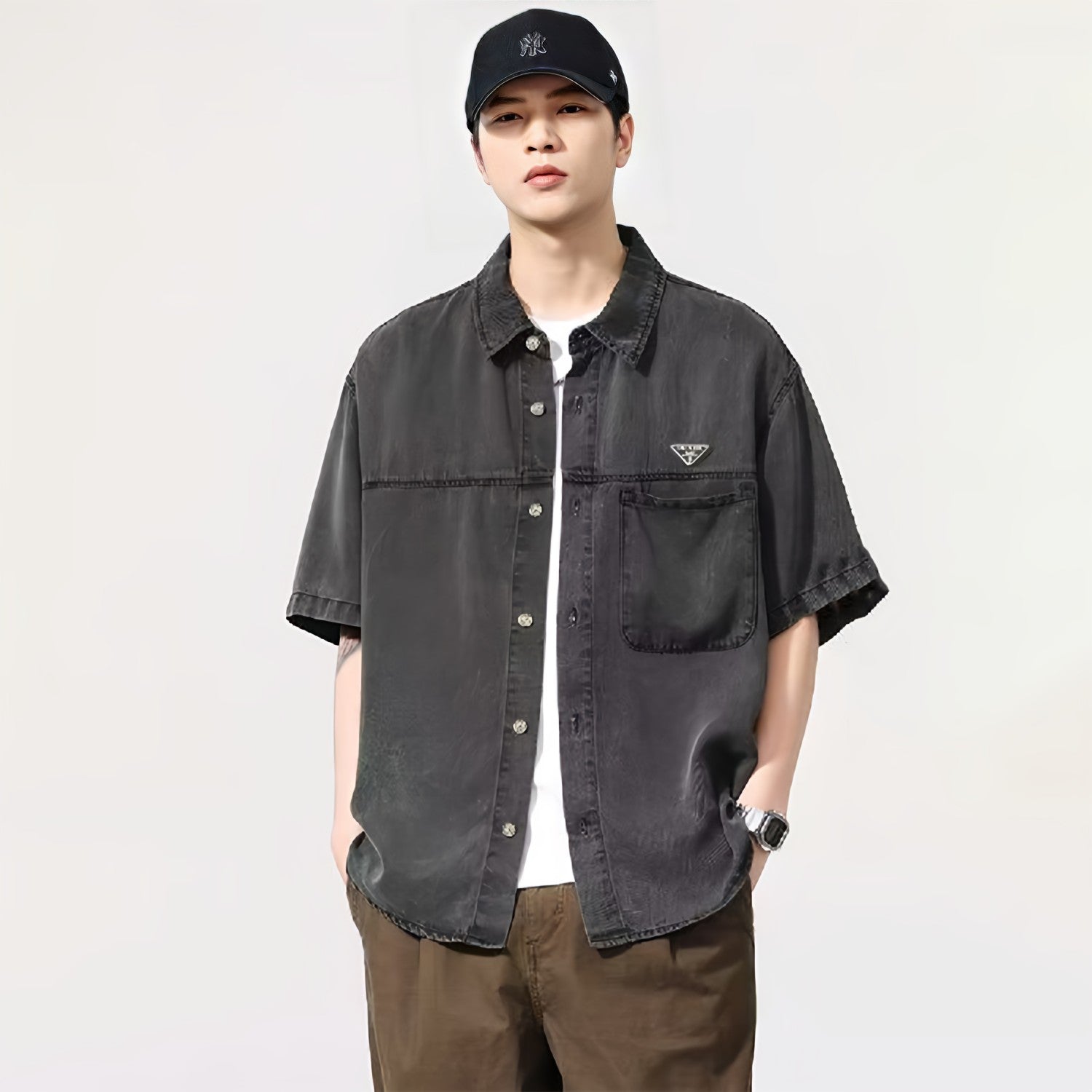 Prada Men's Early Autumn Men's Women's Lycra Denim Shirt. Triangle Logo Vintage Gray Short Sleeve Lapel Shirt Polo T-shirt  #81617