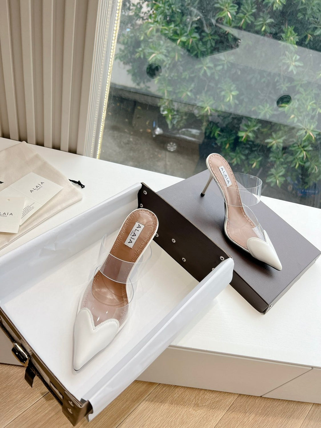 Alaia Women's Summer Fashion Elegant Pointed Toe Heart Shaped Mule Stiletto Leather Sole High Heels #78328