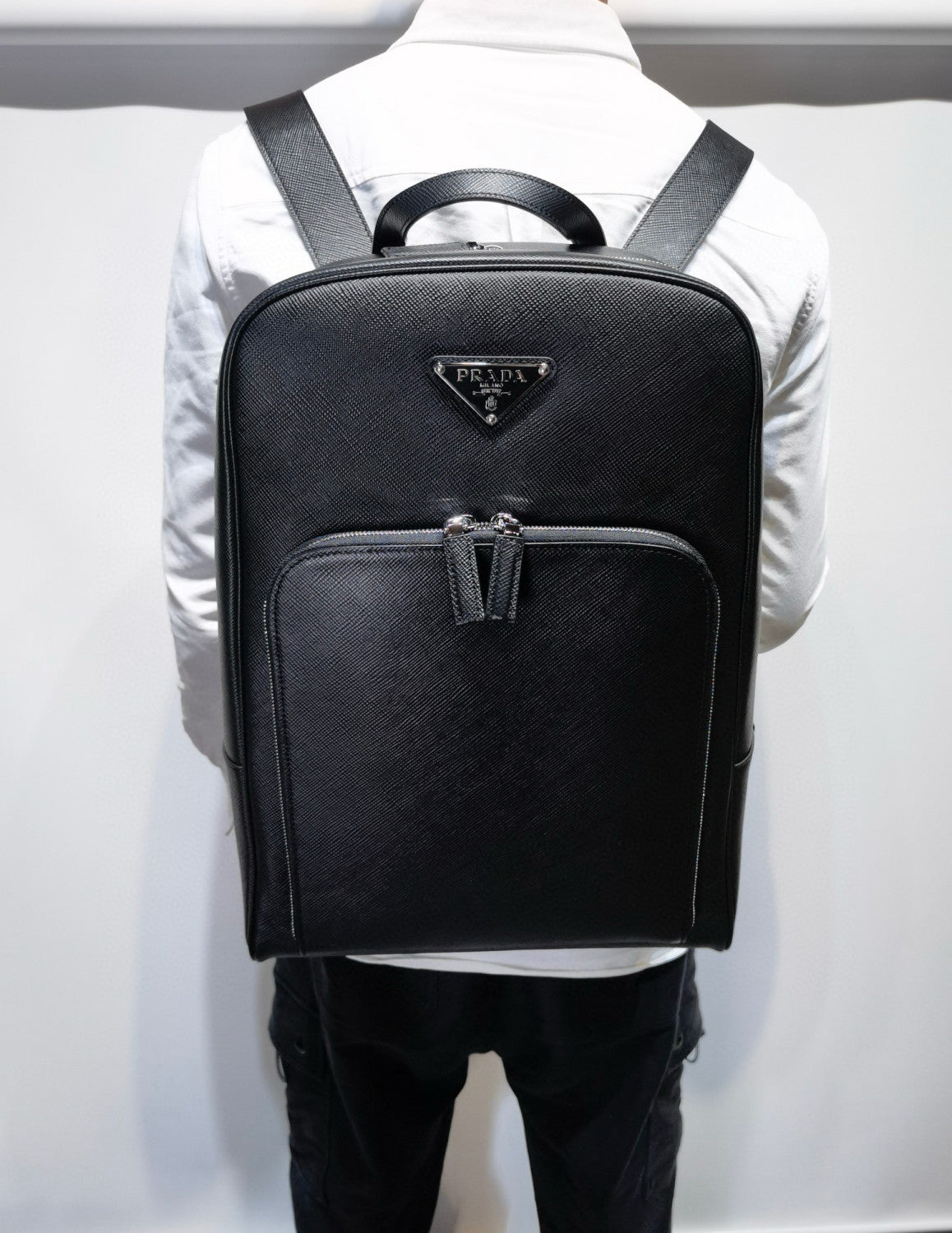 Prada Saffiano Classic Minimalist Business Backpack Printed Triangle Badge Adjustable Leather Shoulder Straps Two Way Zipper Closure Backpack  Bag Bags 2VZ102_9Z2_F0002_V_DOO #79175